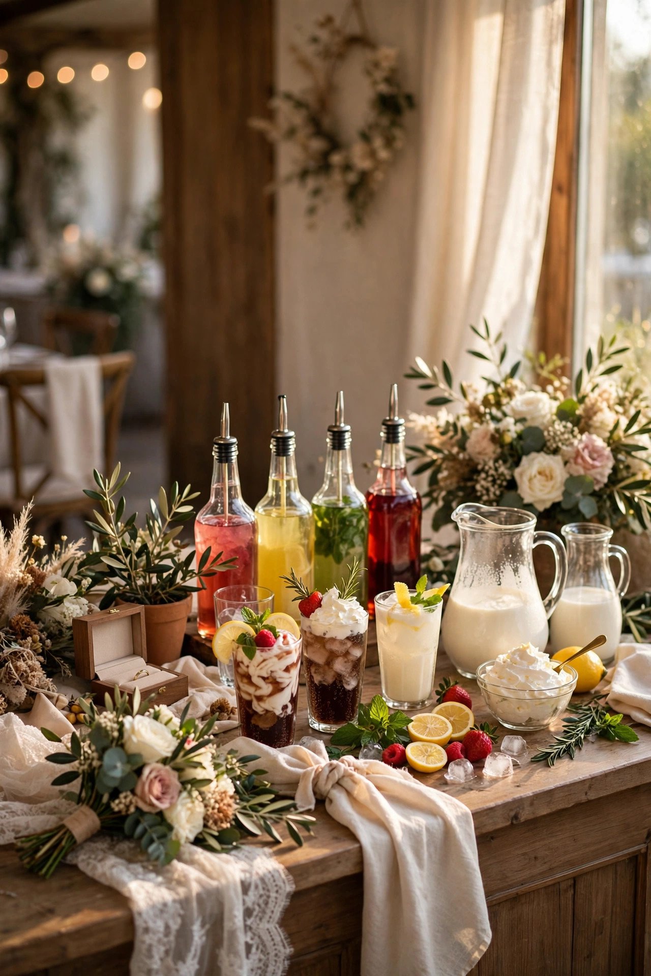 Italian soda bar with syrup bottles, soda and cream