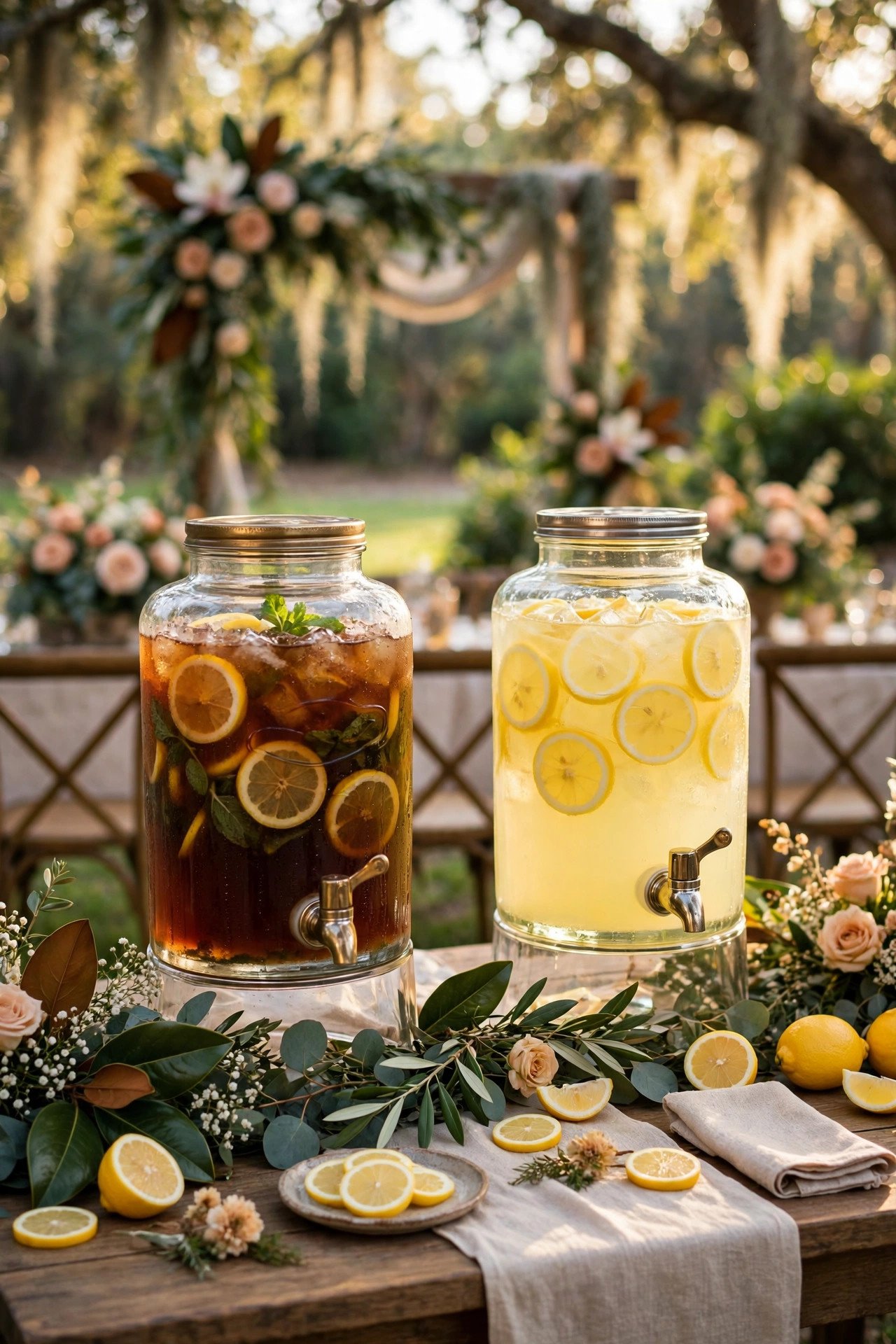 Iced tea and lemonade dispensers with lemon slices at a Southern wedding