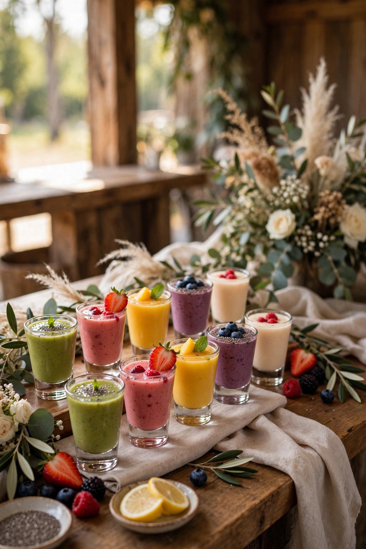 Small smoothie shots in mini glasses at a brunch wedding bar