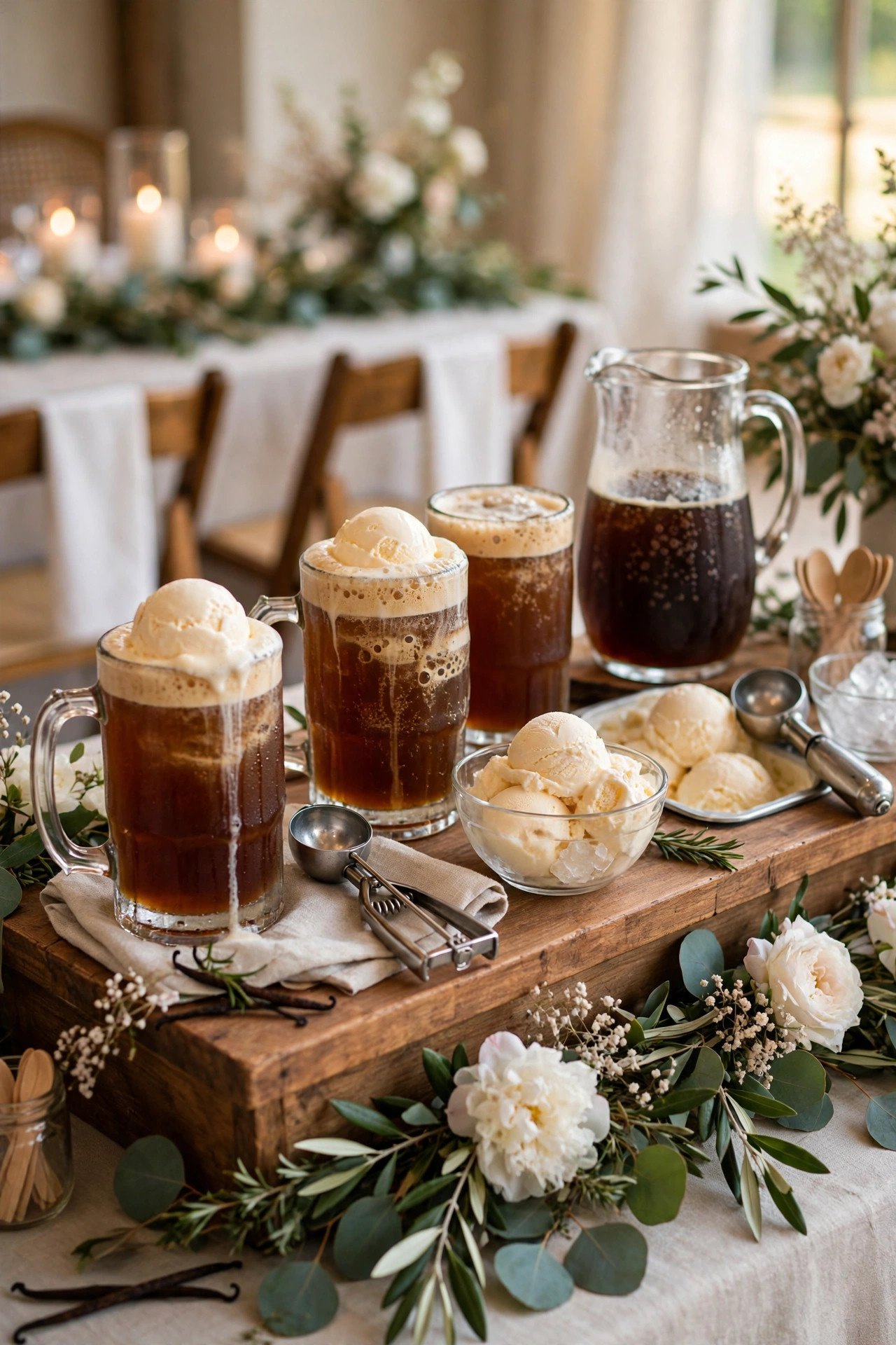 Root beer float bar with mugs, root beer and vanilla ice cream