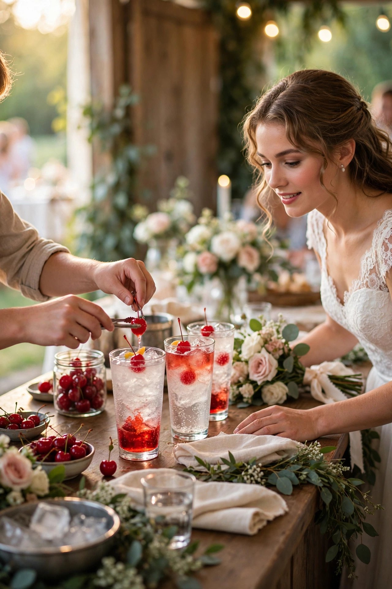 Shirley Temple drinks with cherries being built at a kids-friendly bar