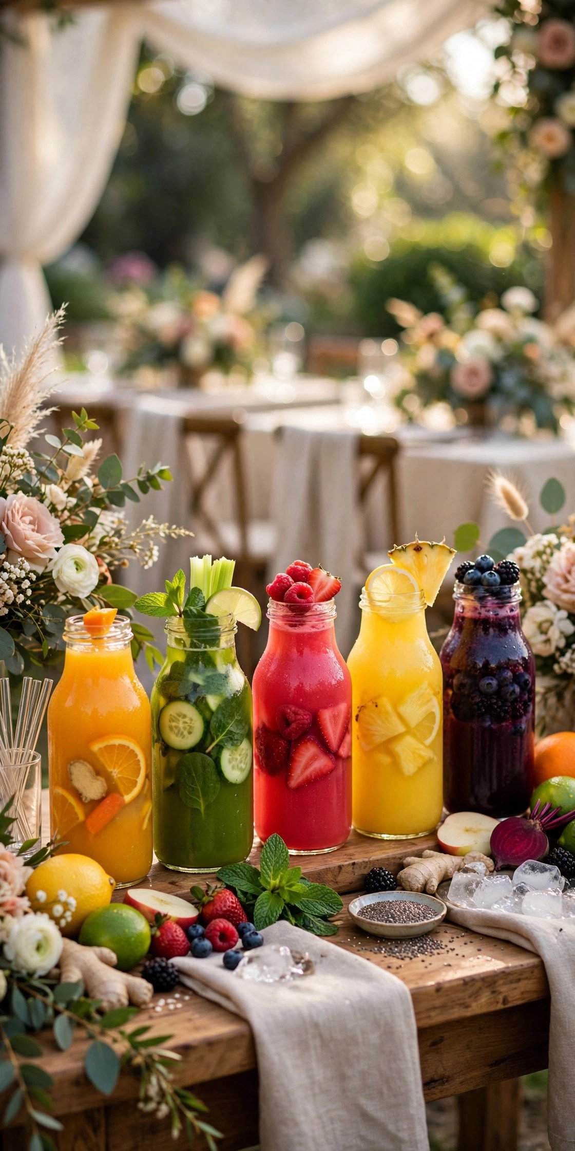 Fresh pressed juices in bright colors at a morning wedding