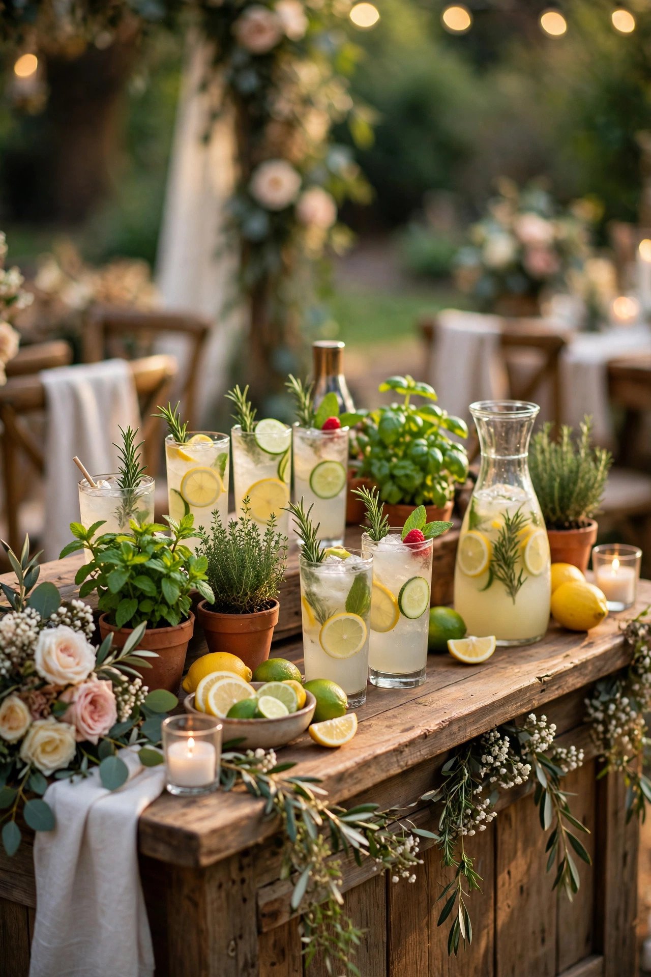 Garden bar with fresh herbs, citrus and zero-proof drinks