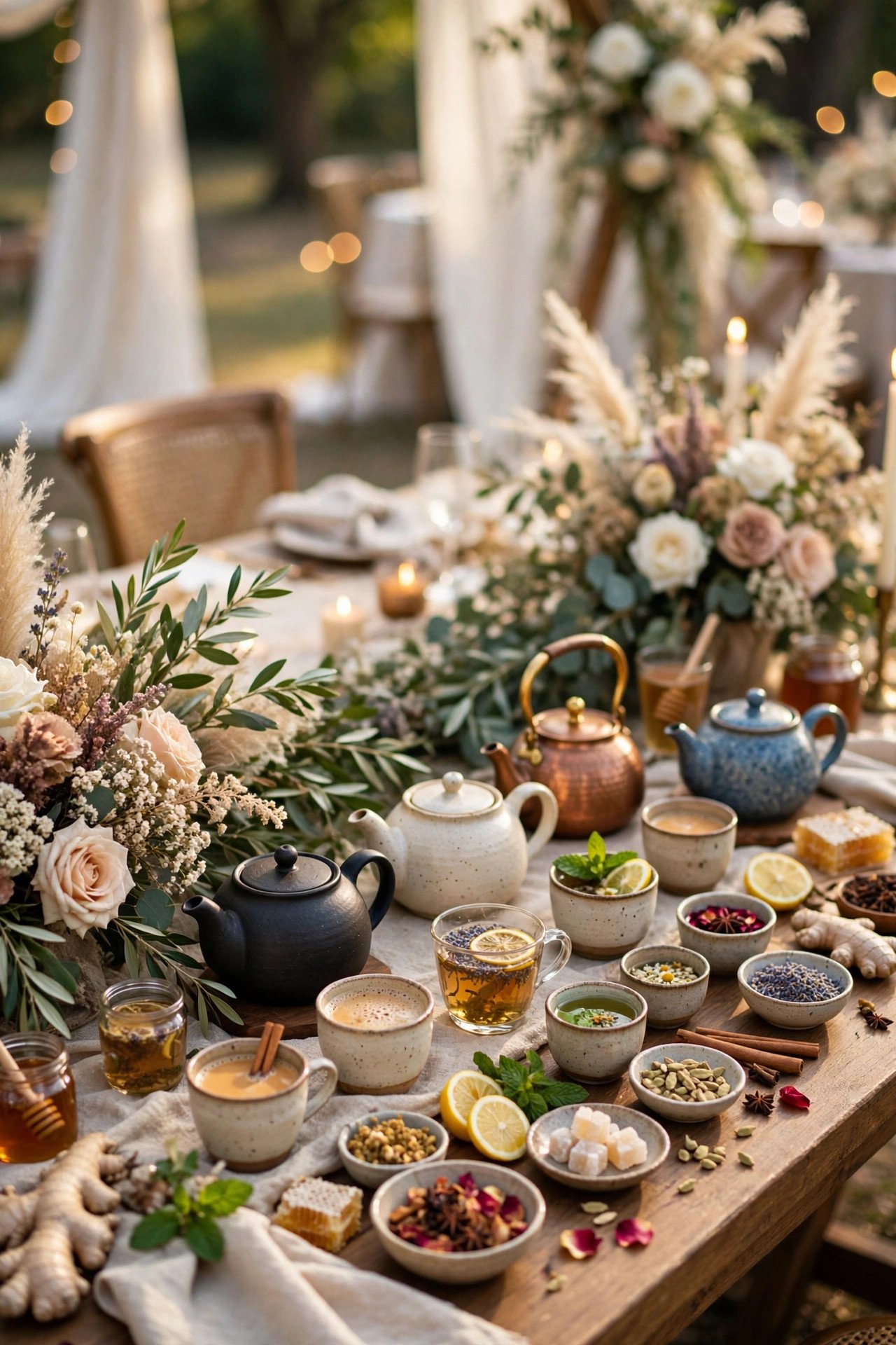Assorted teas and chai with teapots and small cups