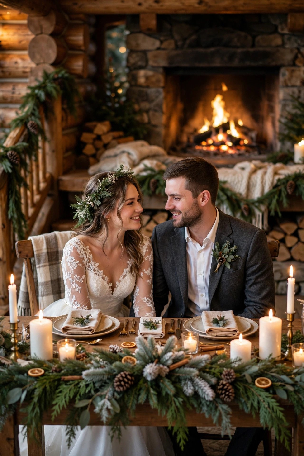 Winter Evergreen and Pinecone Table — sweetheart table styling inspiration