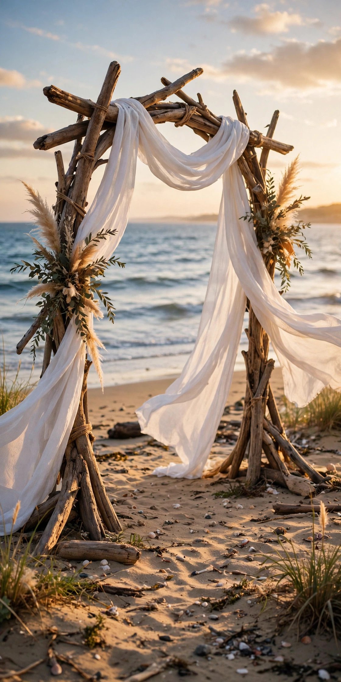 Driftwood Arch with Linen Drapes at a 2027 wedding celebration