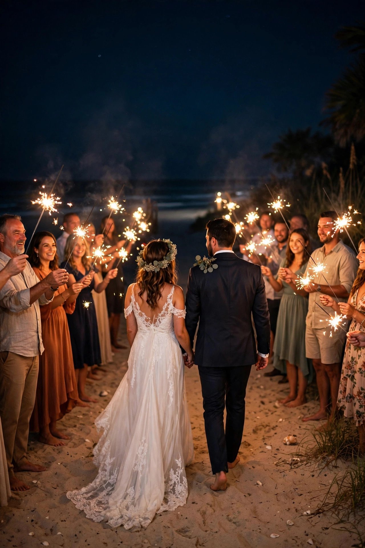 Barefoot Beach Exit with Sparklers at a 2027 wedding celebration