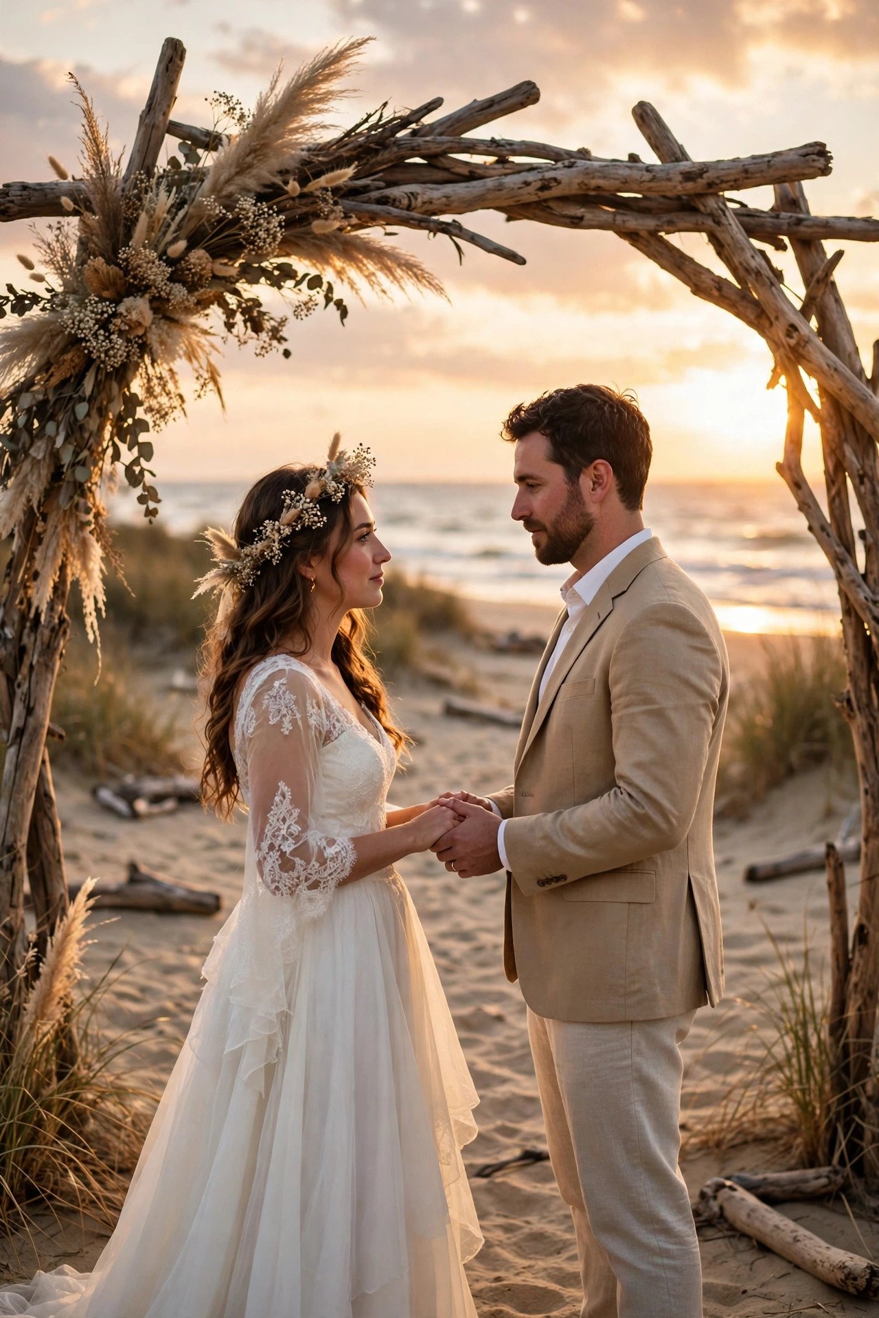 Couple exchanging vows under a driftwood arch on a sandy beach at sunset