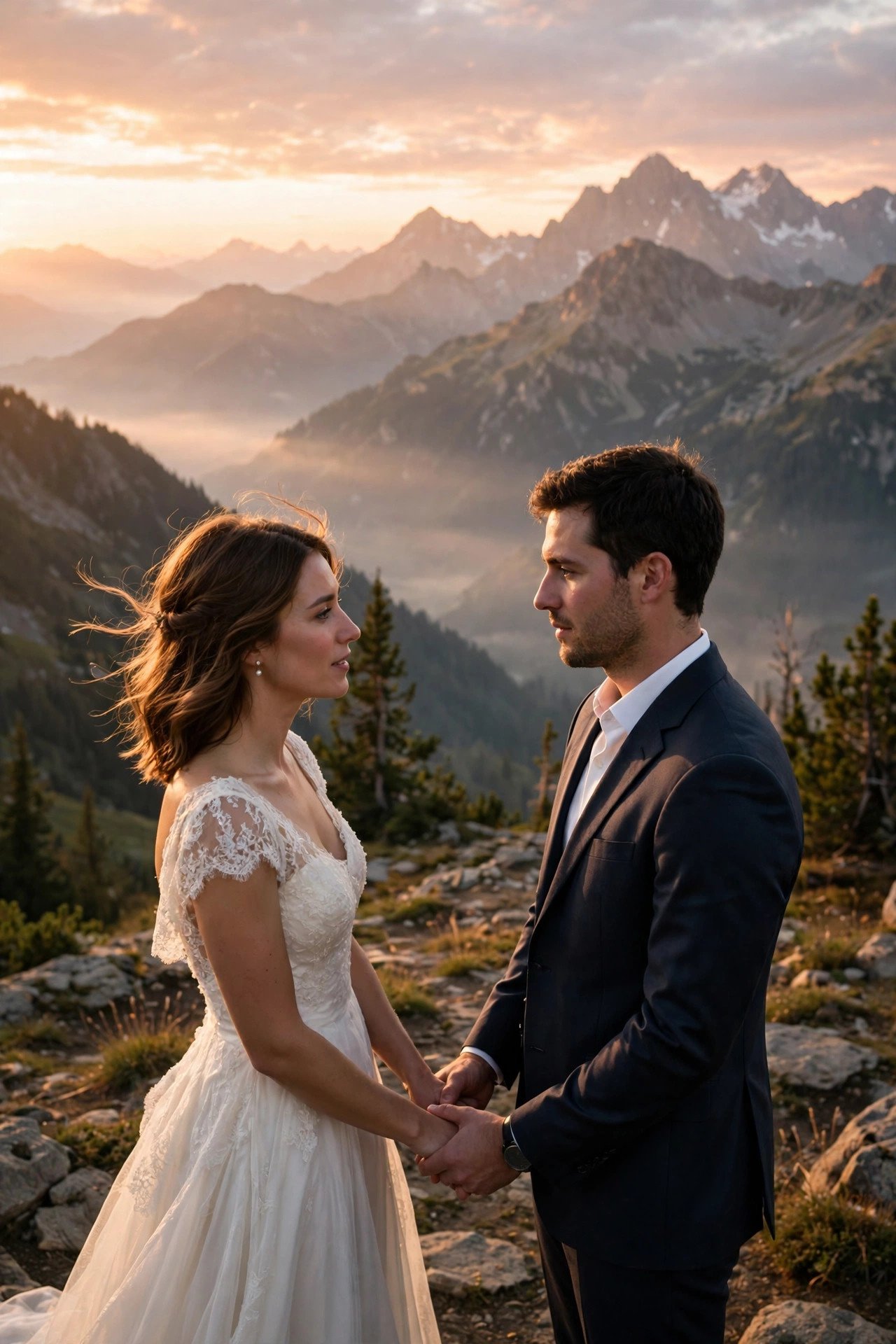 Couple exchanging vows on a mountain overlook at sunrise with peaks behind them