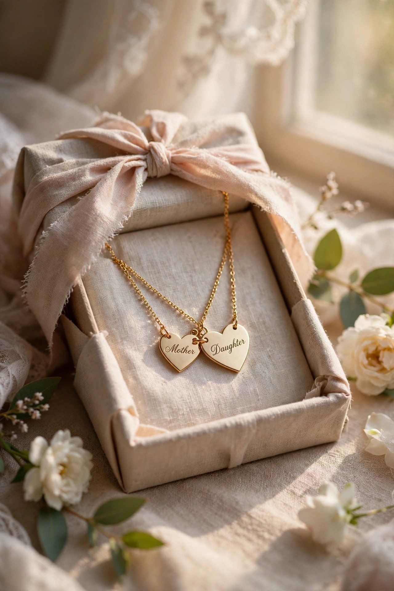 Engraved Mother-Daughter Necklace presented as an elegant mother of the bride gift with soft wrapping