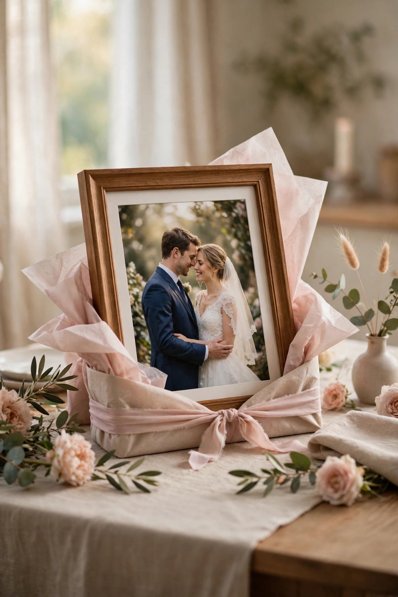 Framed Wedding Photo Print presented as an elegant mother of the bride gift with soft wrapping