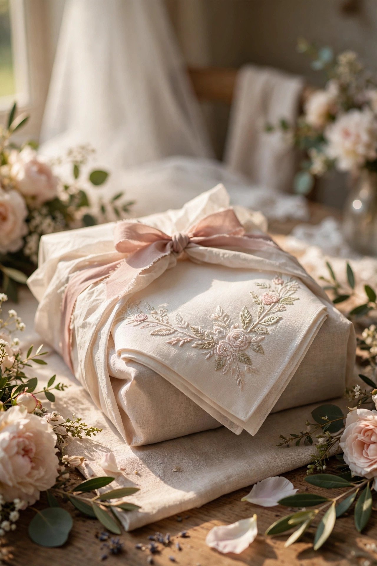 Personalized Handkerchief presented as an elegant mother of the bride gift with soft wrapping