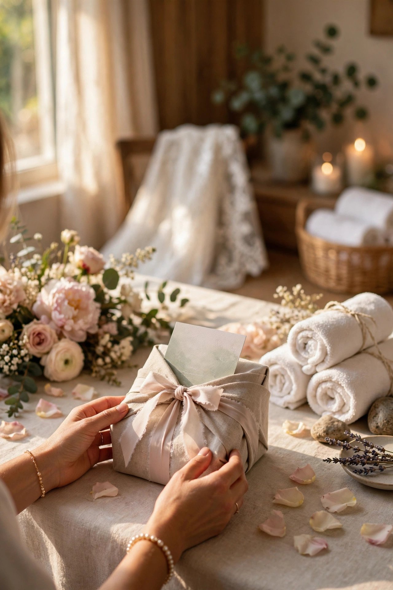 Spa Retreat Gift Card presented as an elegant mother of the bride gift with soft wrapping