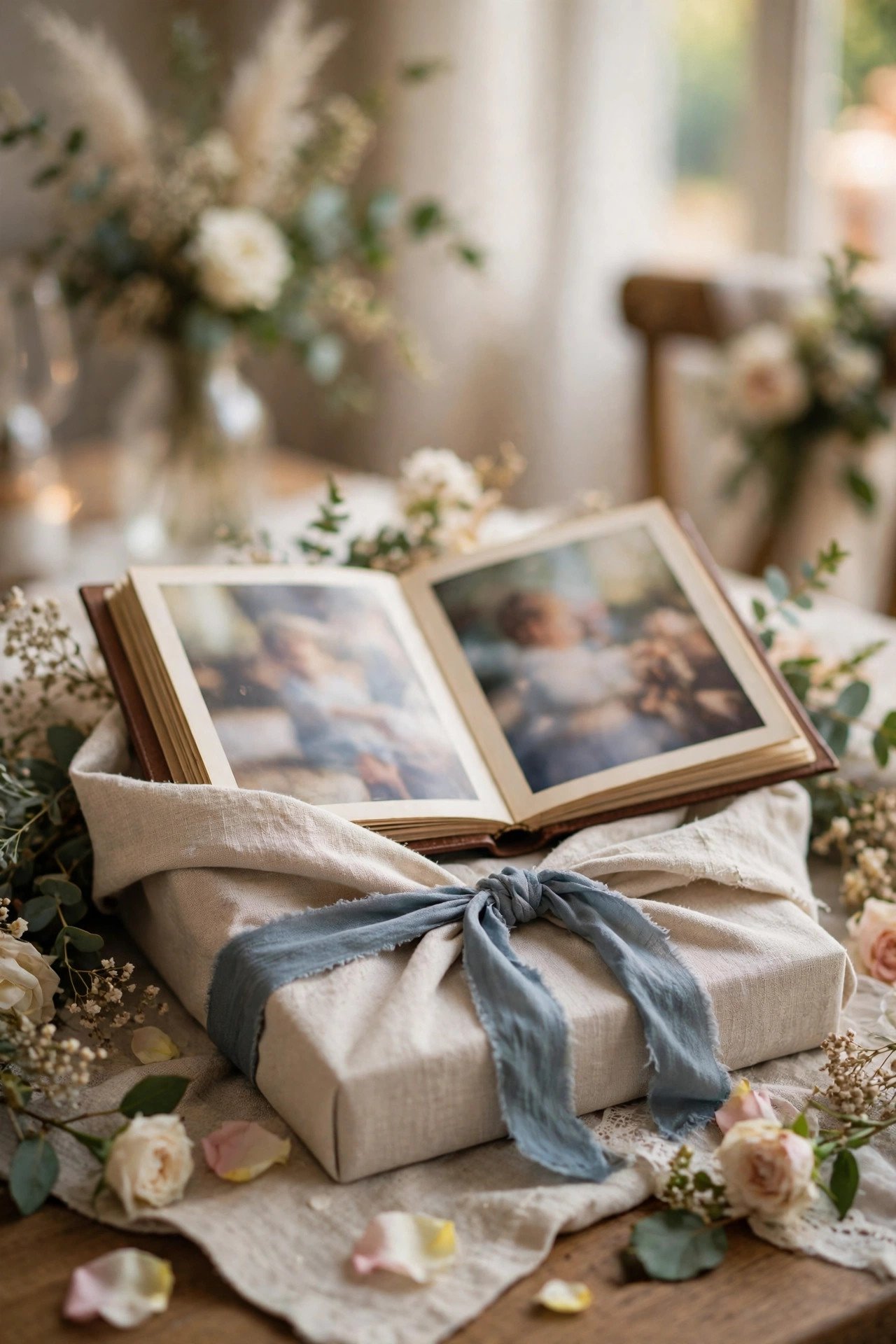 Memory Book of Childhood Photos presented as an elegant mother of the bride gift with soft wrapping