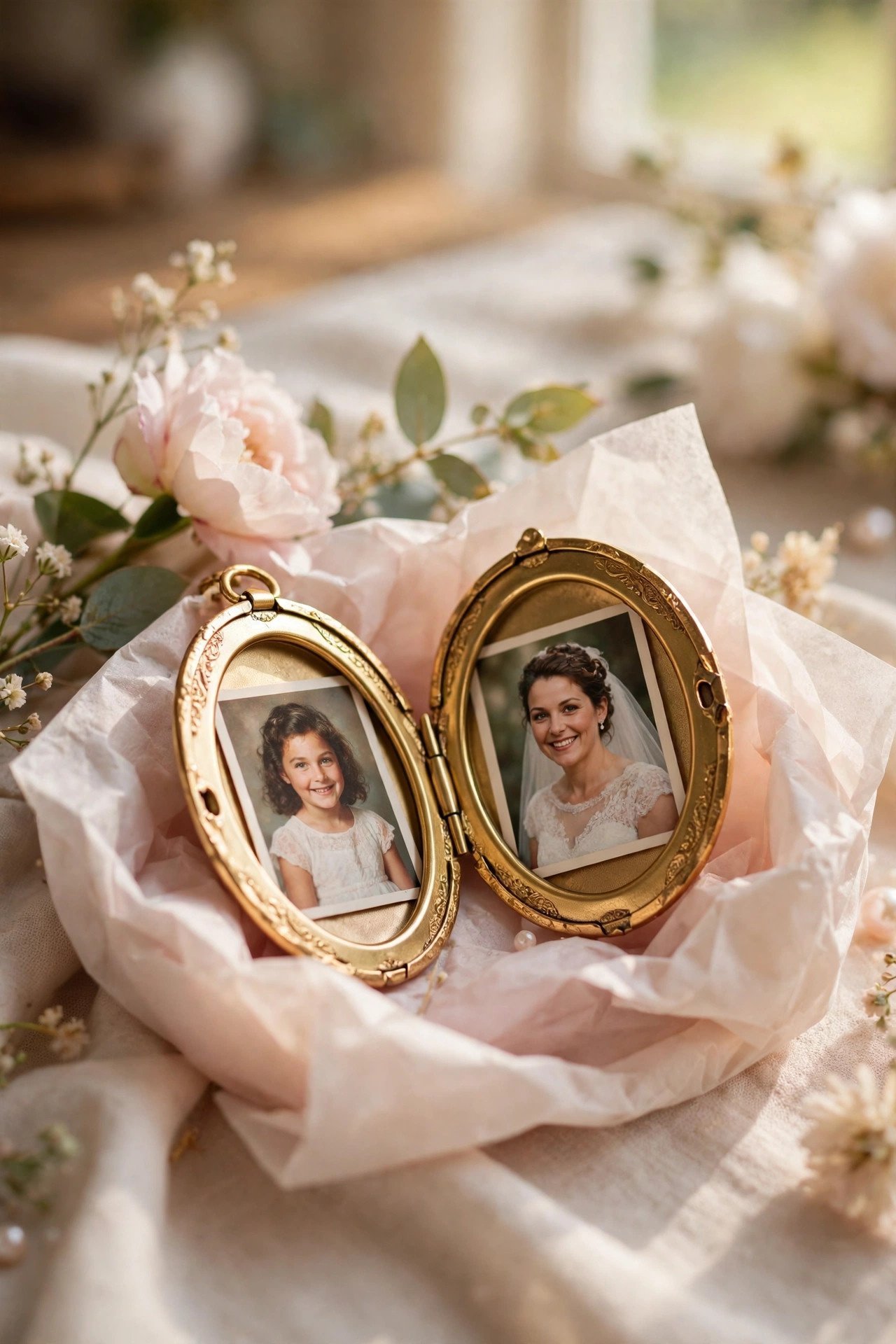 Charm Locket With Two Photos presented as an elegant mother of the bride gift with soft wrapping