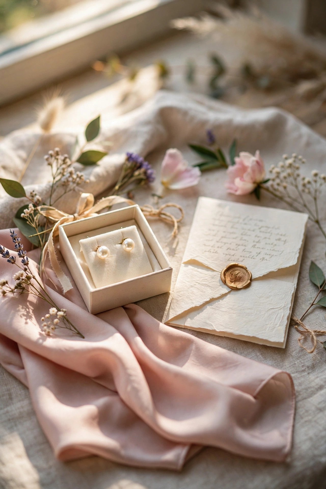 An elegant mother of the bride gift with pearl earrings, a silk scarf and a handwritten letter
