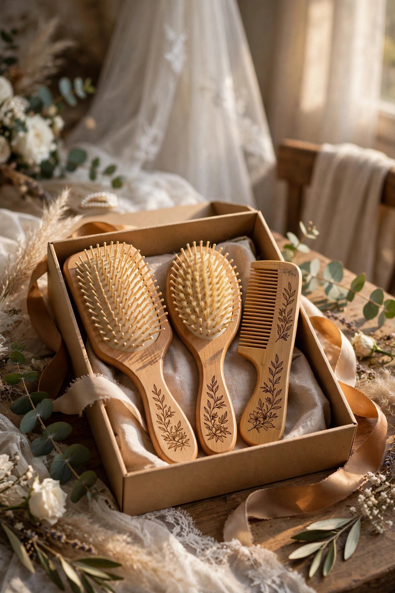 Engraved Hair Brush Set customized as a personalized bridesmaid gift ready to give