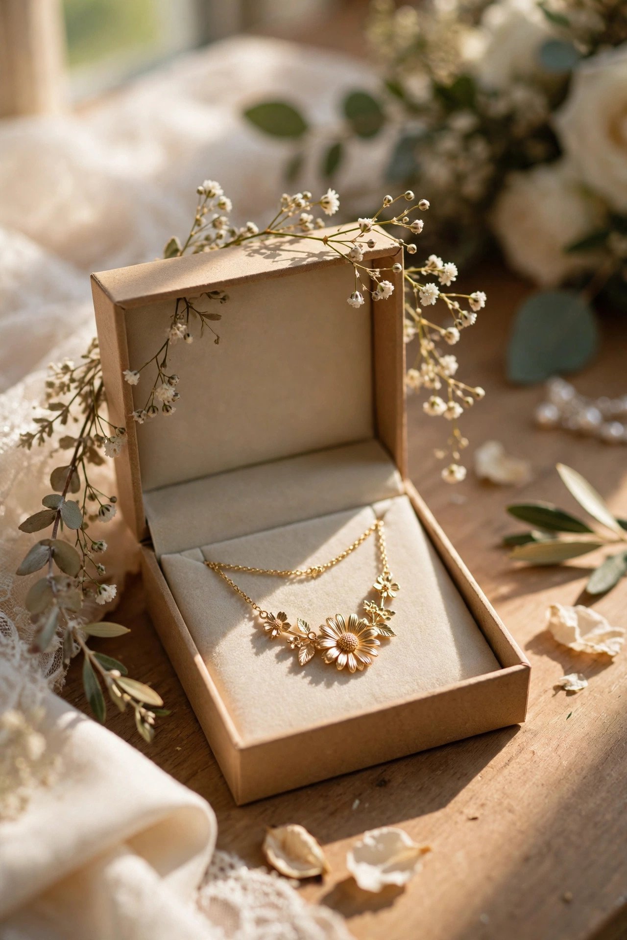Birth Flower Necklace customized as a personalized bridesmaid gift ready to give