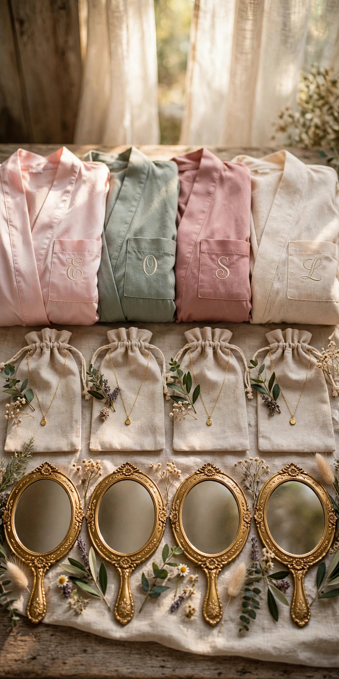 A row of personalized bridesmaid gifts with name necklaces, monogrammed robes and engraved mirrors