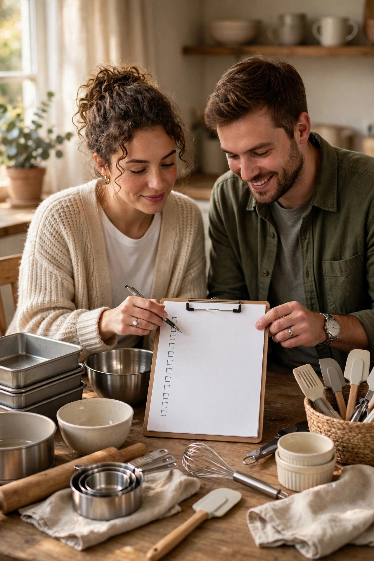 Bakeware Checklist being worked through by a couple building their wedding registry