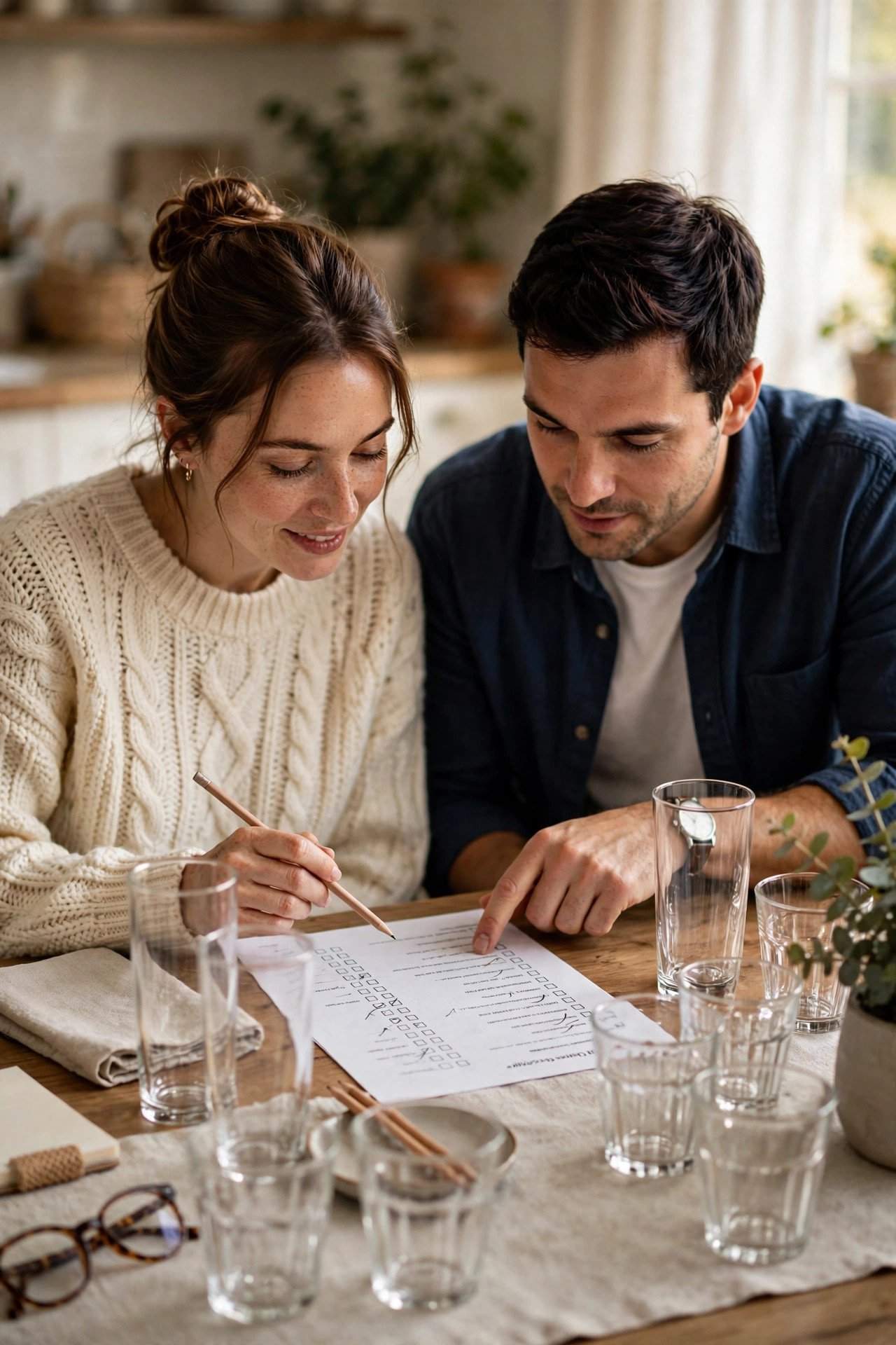 Glassware Checklist being worked through by a couple building their wedding registry