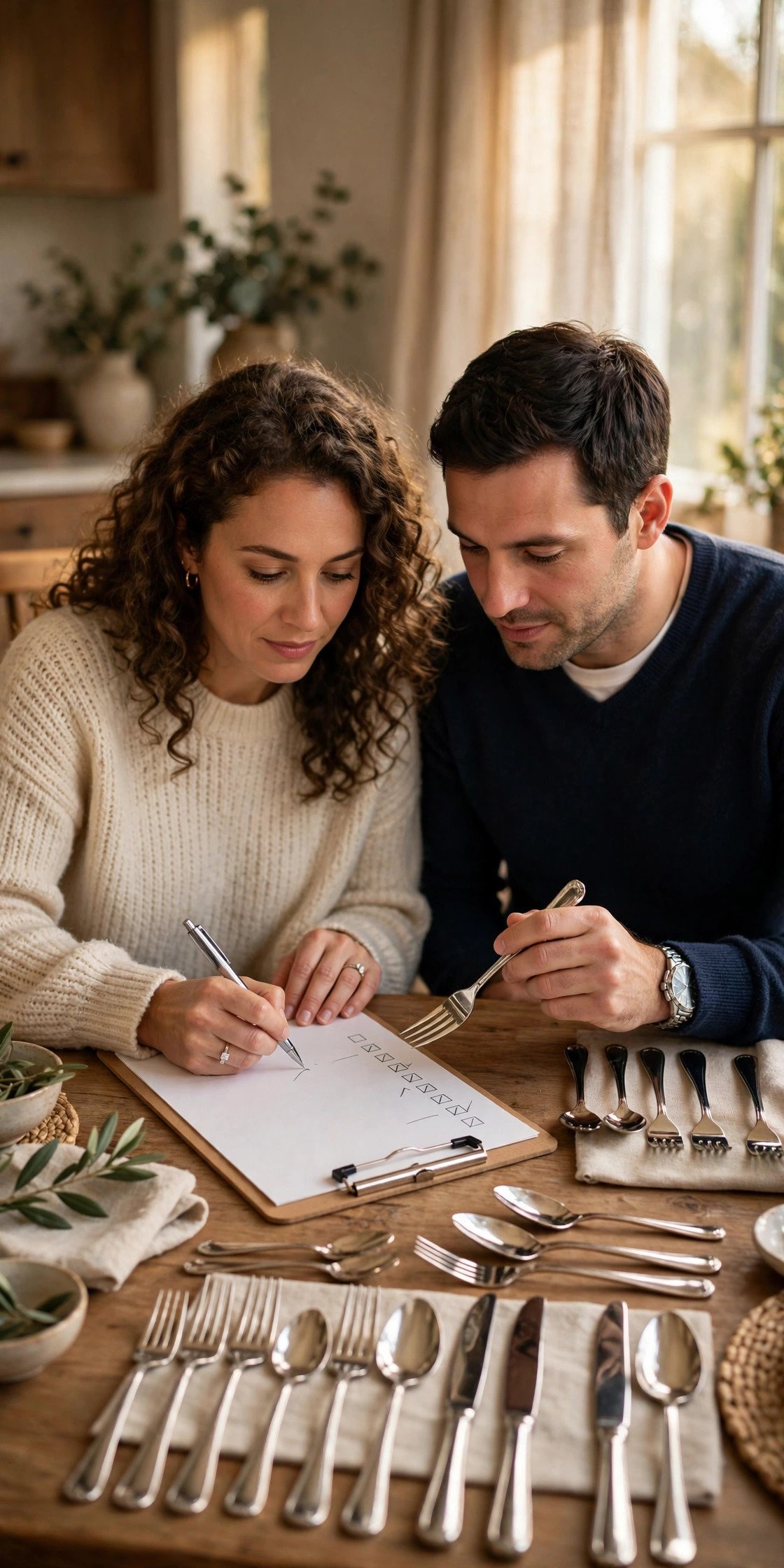 Flatware Checklist being worked through by a couple building their wedding registry