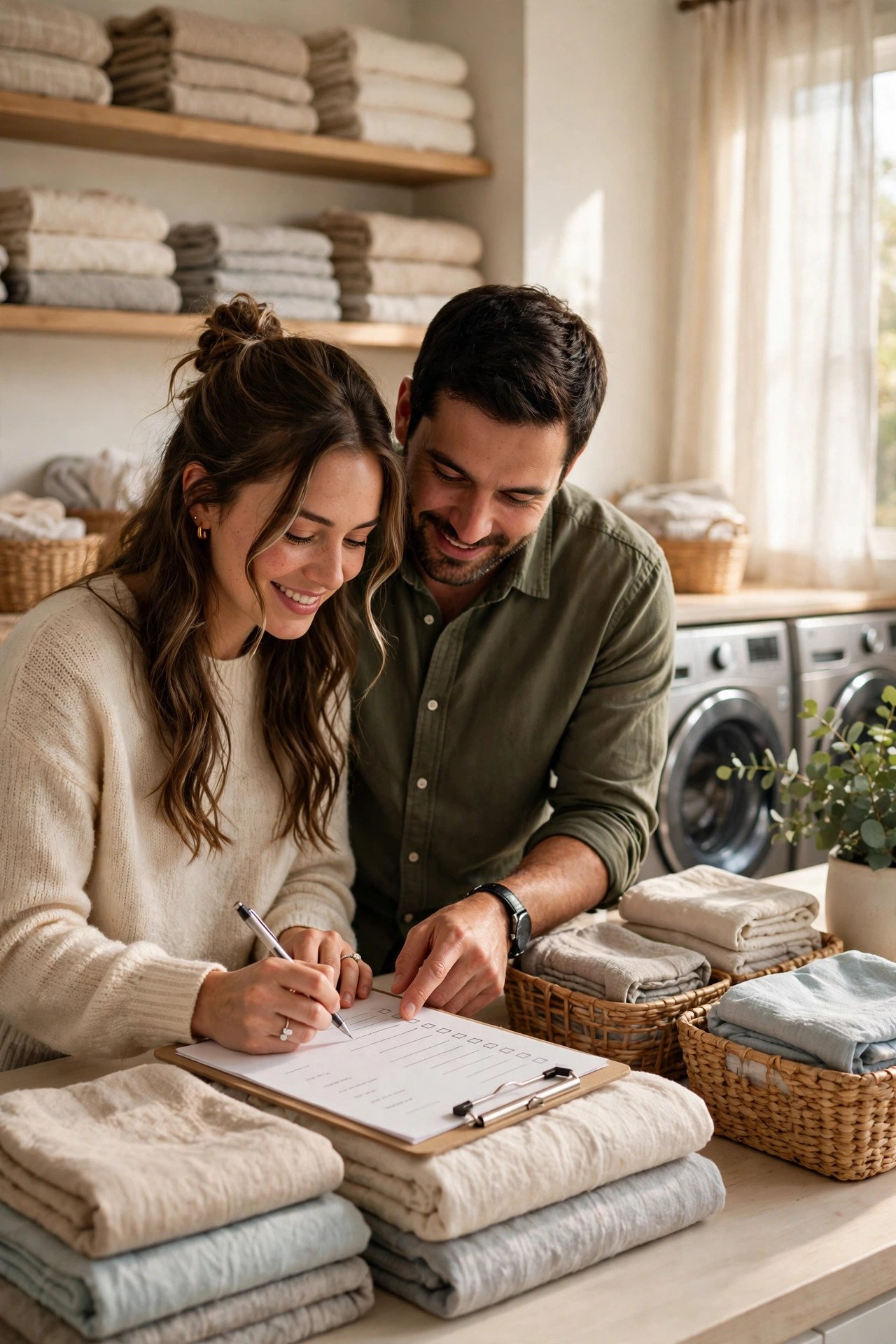Cleaning and Laundry Checklist being worked through by a couple building their wedding registry