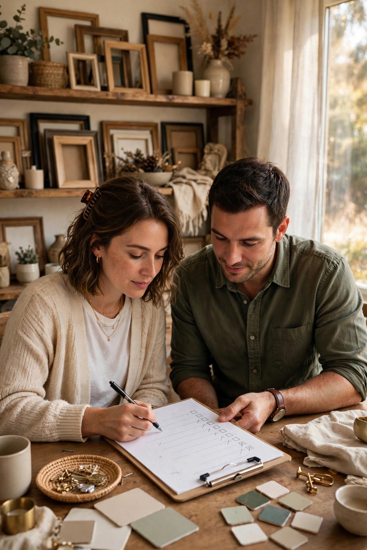 Decor and Frames Checklist being worked through by a couple building their wedding registry