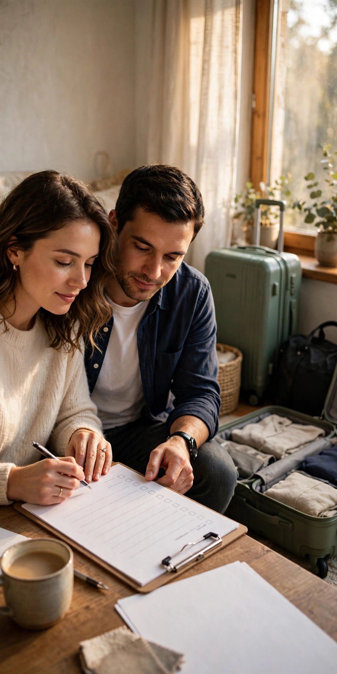 Luggage and Travel Checklist being worked through by a couple building their wedding registry