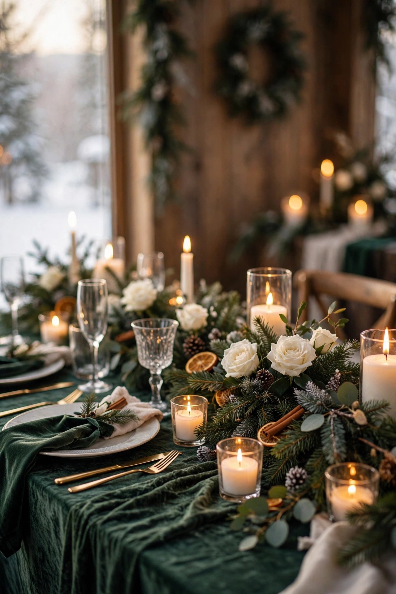 A winter wedding reception glowing with candles, evergreen garlands, velvet details and white roses