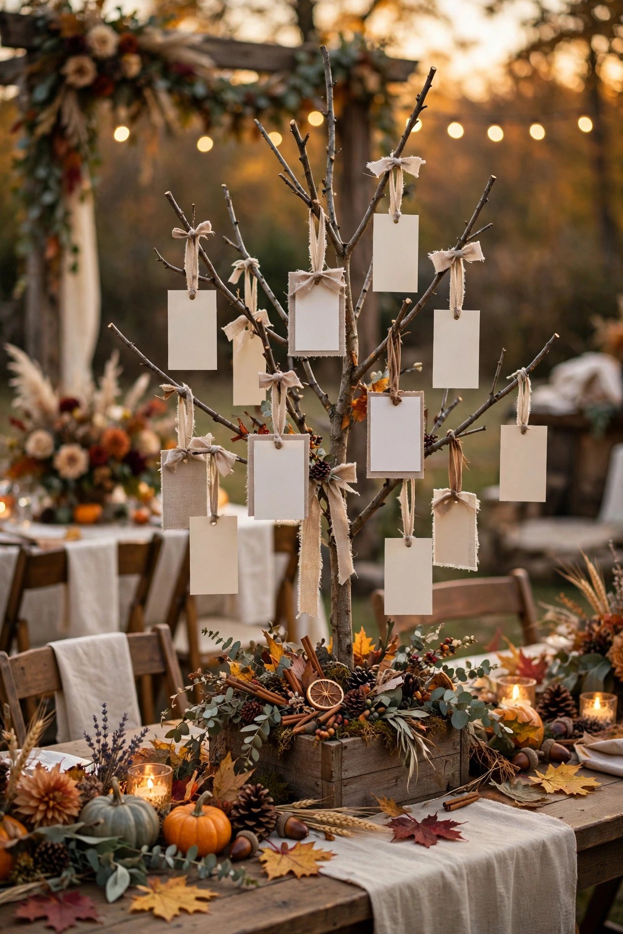 Gratitude Tree Guest Ritual at a thanksgiving wedding celebration with seasonal styling