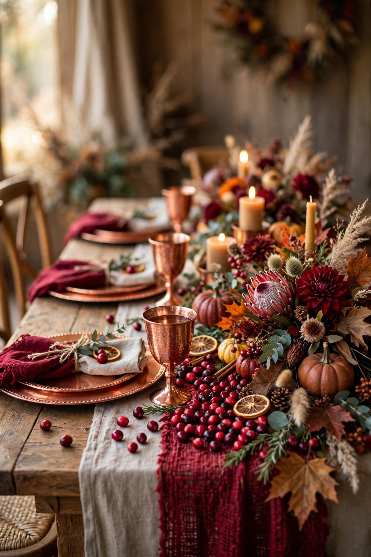 Copper and Cranberry Tablescape at a thanksgiving wedding celebration with seasonal styling