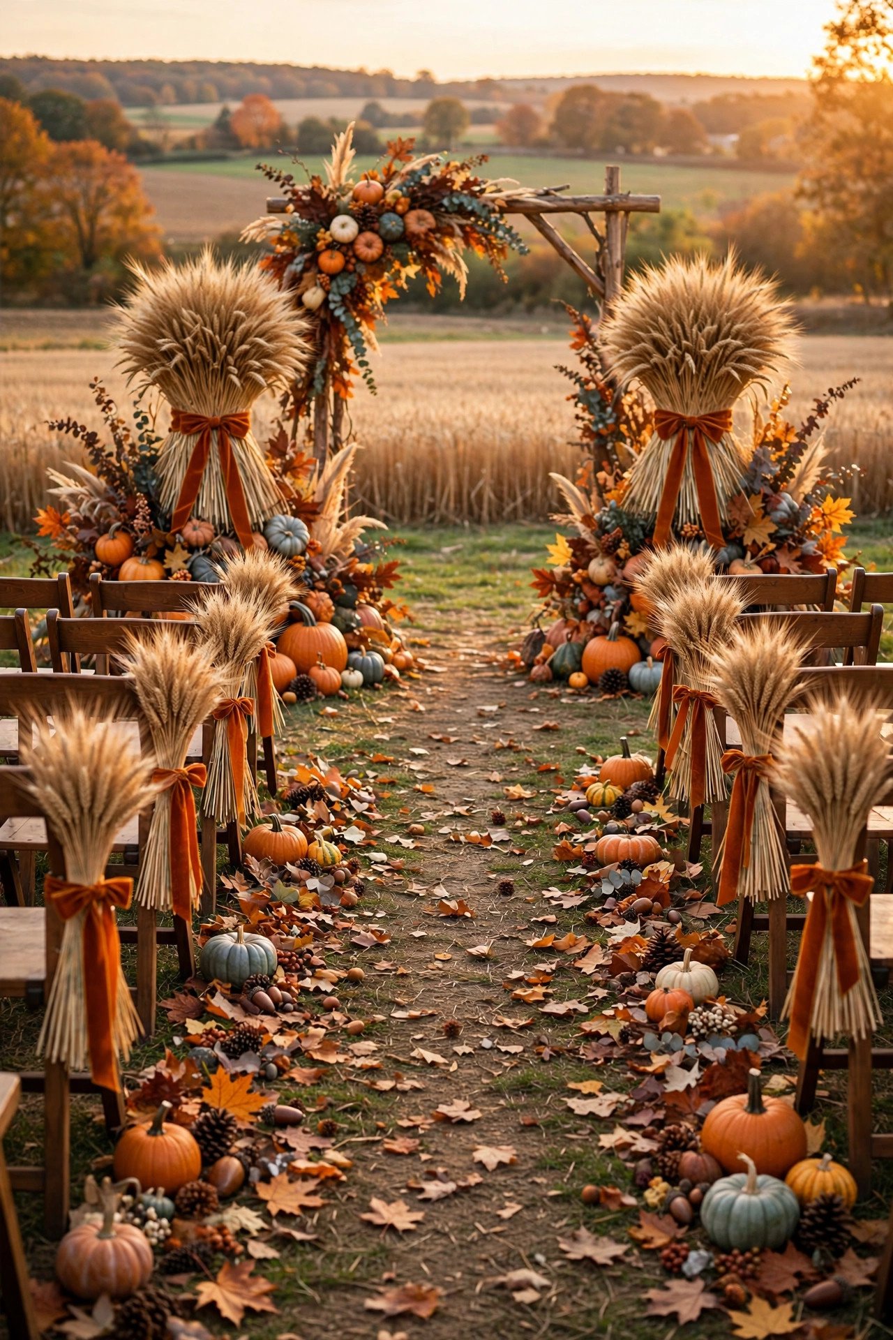 Harvest Wheat Sheaf Ceremony Decor at a thanksgiving wedding celebration with seasonal styling