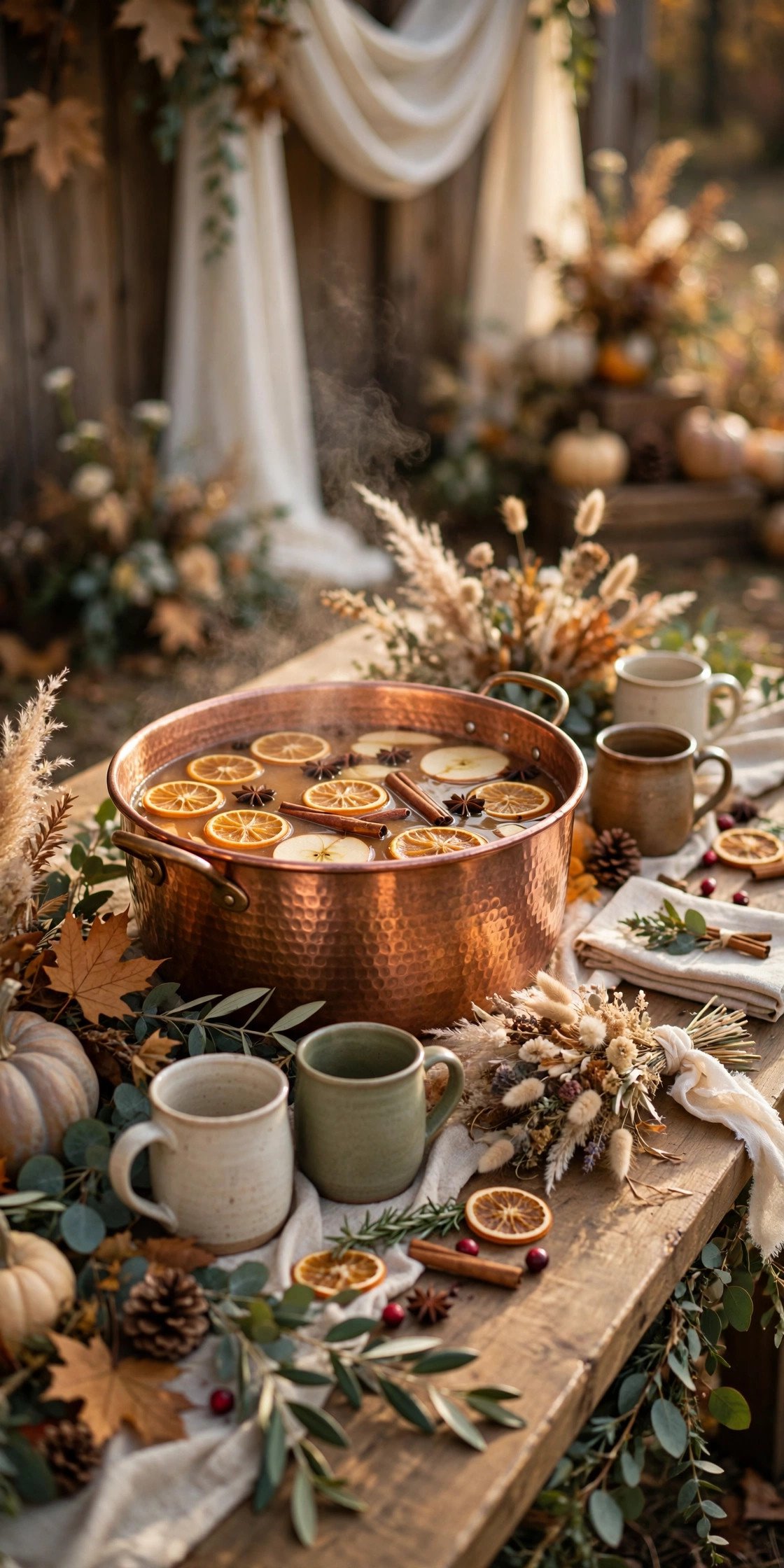 Spiced Cider Welcome Station at a thanksgiving wedding celebration with seasonal styling