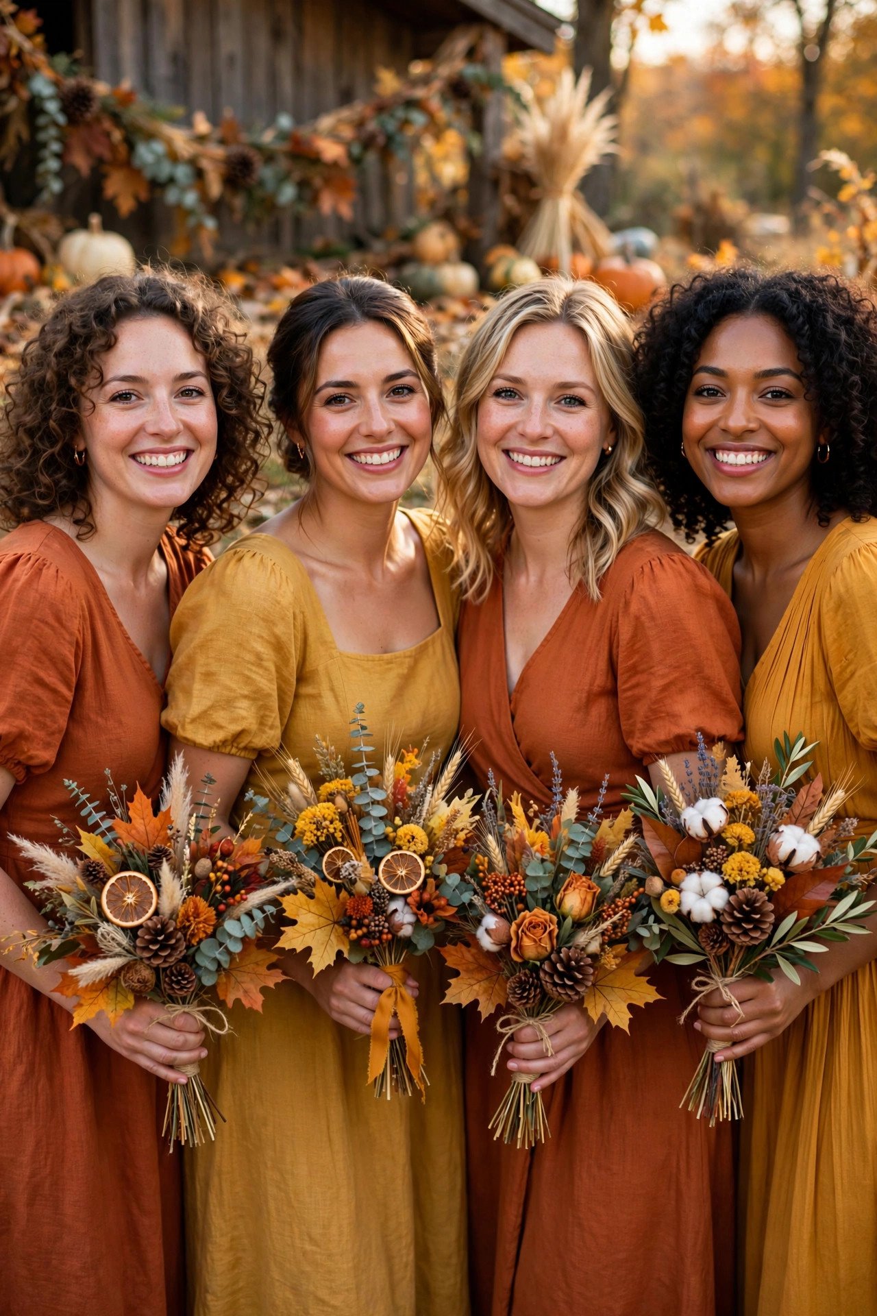 Rust and Mustard Bridesmaid Palette at a thanksgiving wedding celebration with seasonal styling