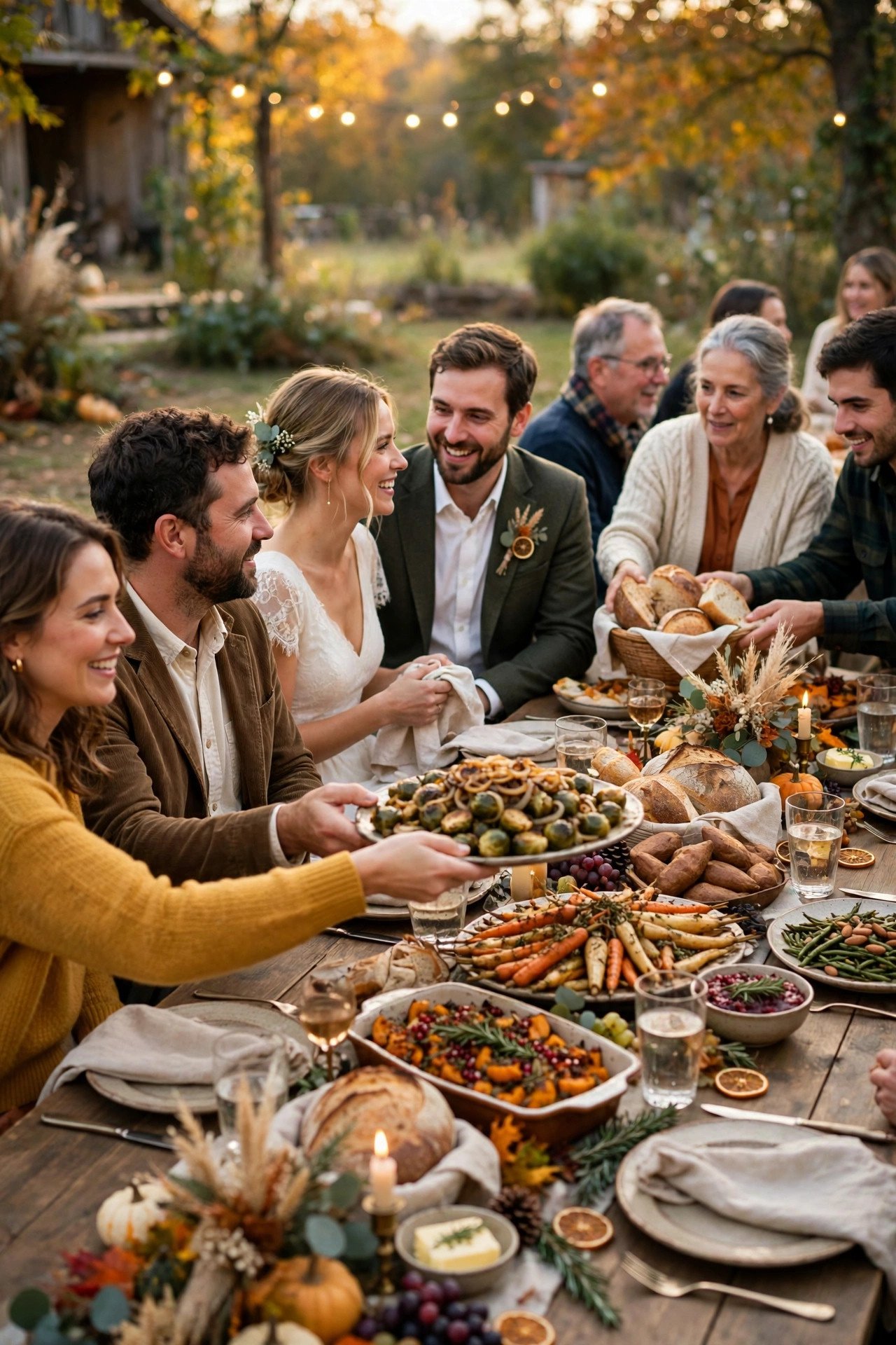 Family-Style Harvest Dinner at a thanksgiving wedding celebration with seasonal styling
