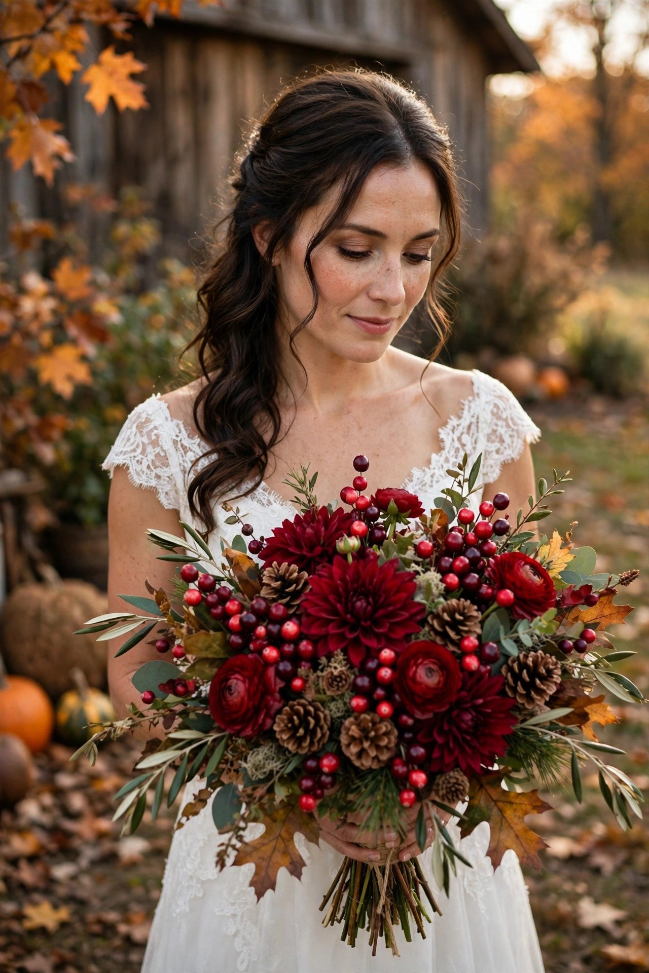 Cranberry and Pinecone Bouquets at a thanksgiving wedding celebration with seasonal styling