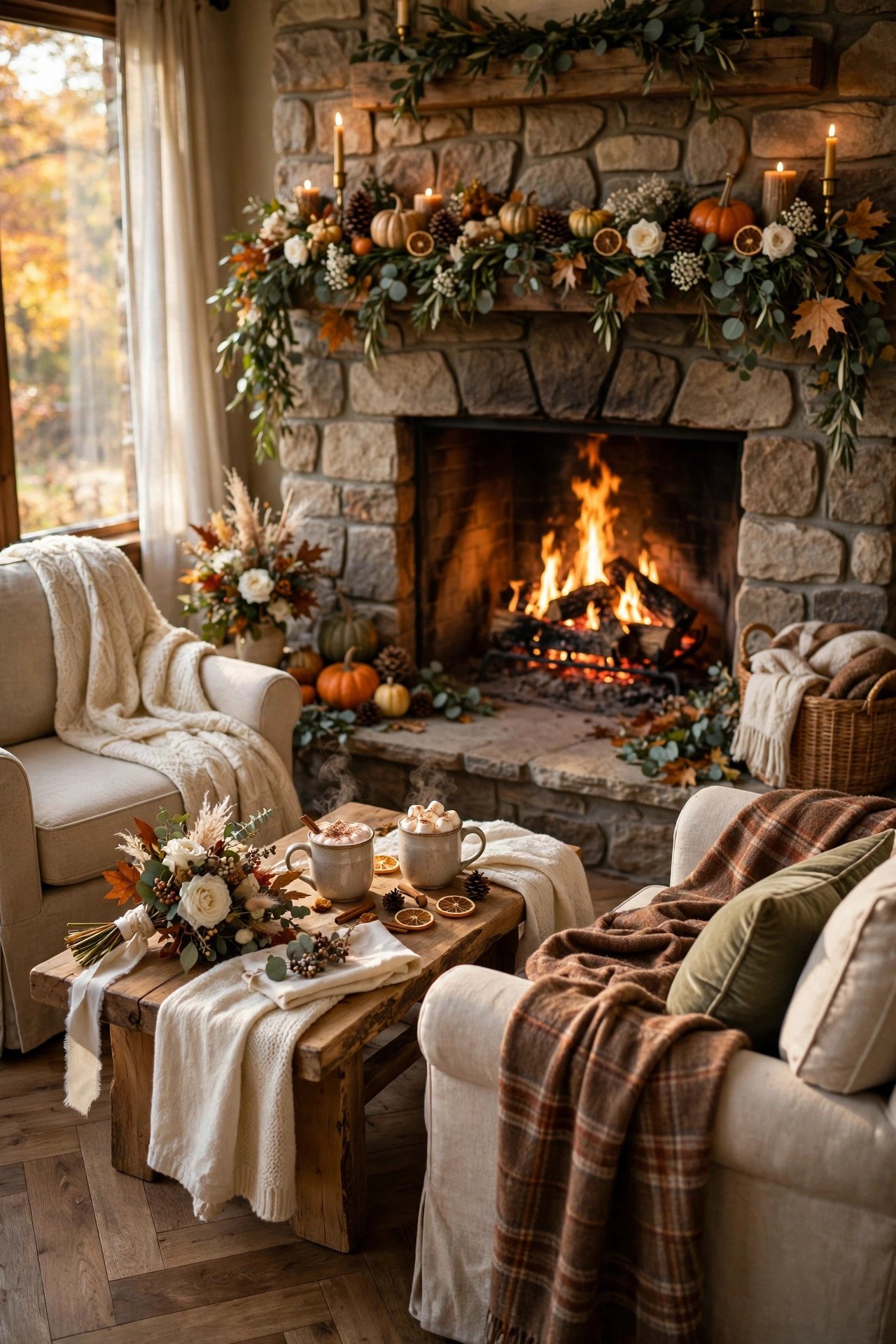 Fireplace Lounge with Hot Cocoa at a thanksgiving wedding celebration with seasonal styling