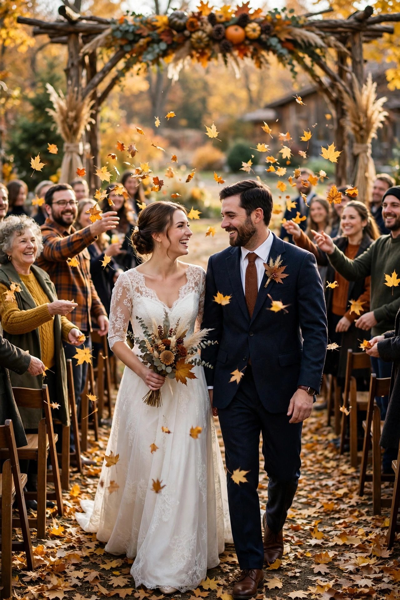 Leaf Confetti Aisle and Exit at a thanksgiving wedding celebration with seasonal styling