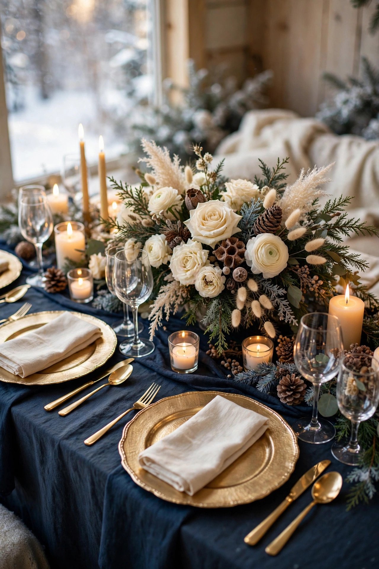 Navy and Champagne Gold at a winter palettes wedding celebration with seasonal styling