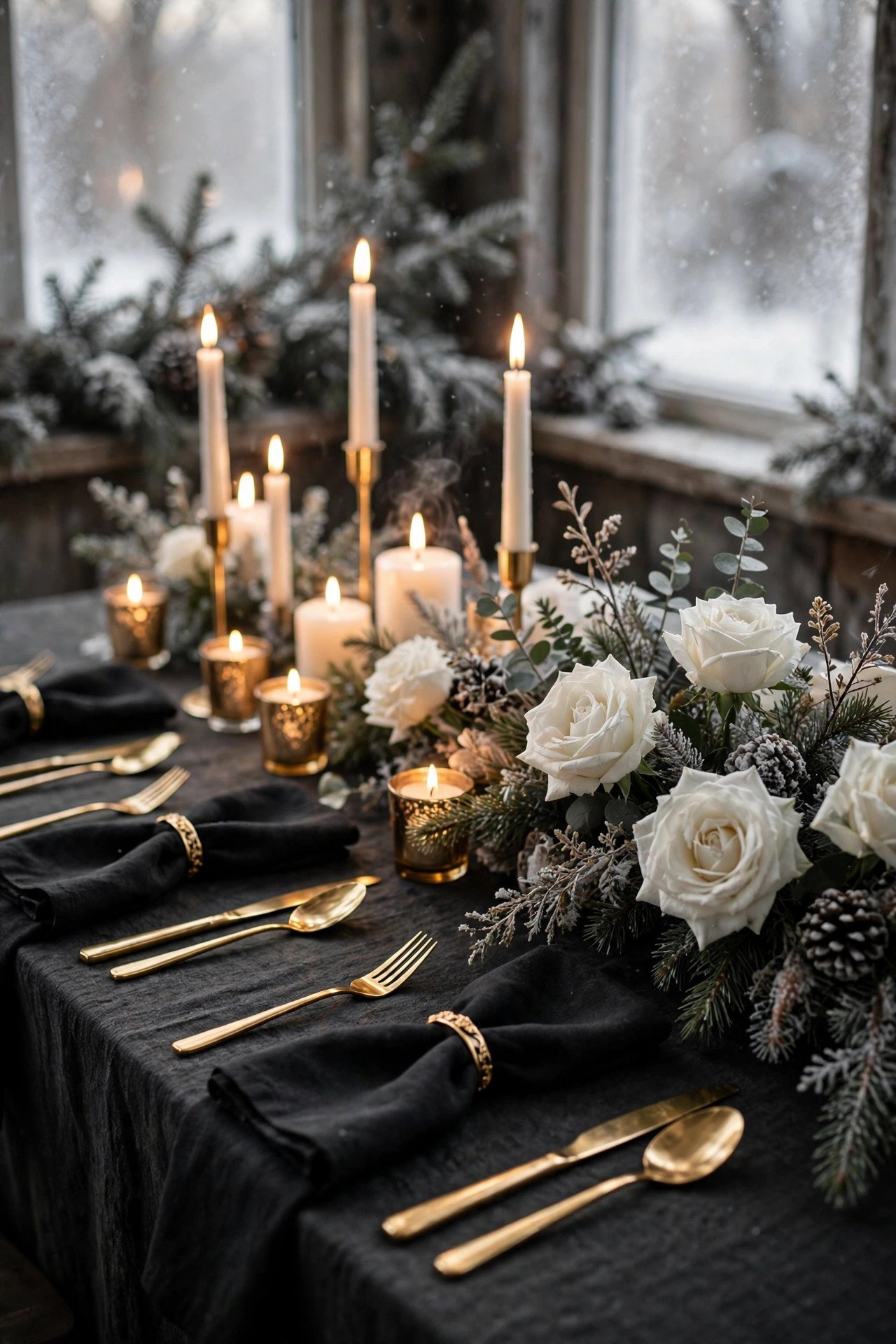 Black and White with Gold at a winter palettes wedding celebration with seasonal styling