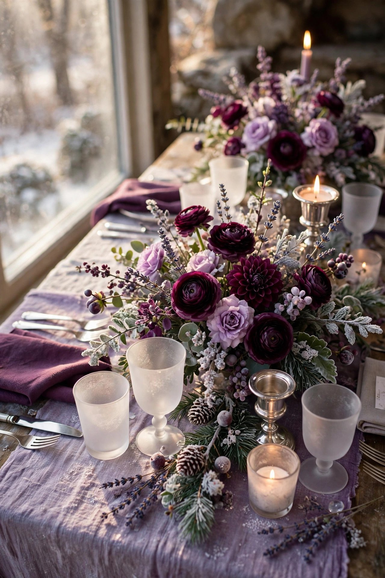 Plum and Lavender Frost at a winter palettes wedding celebration with seasonal styling