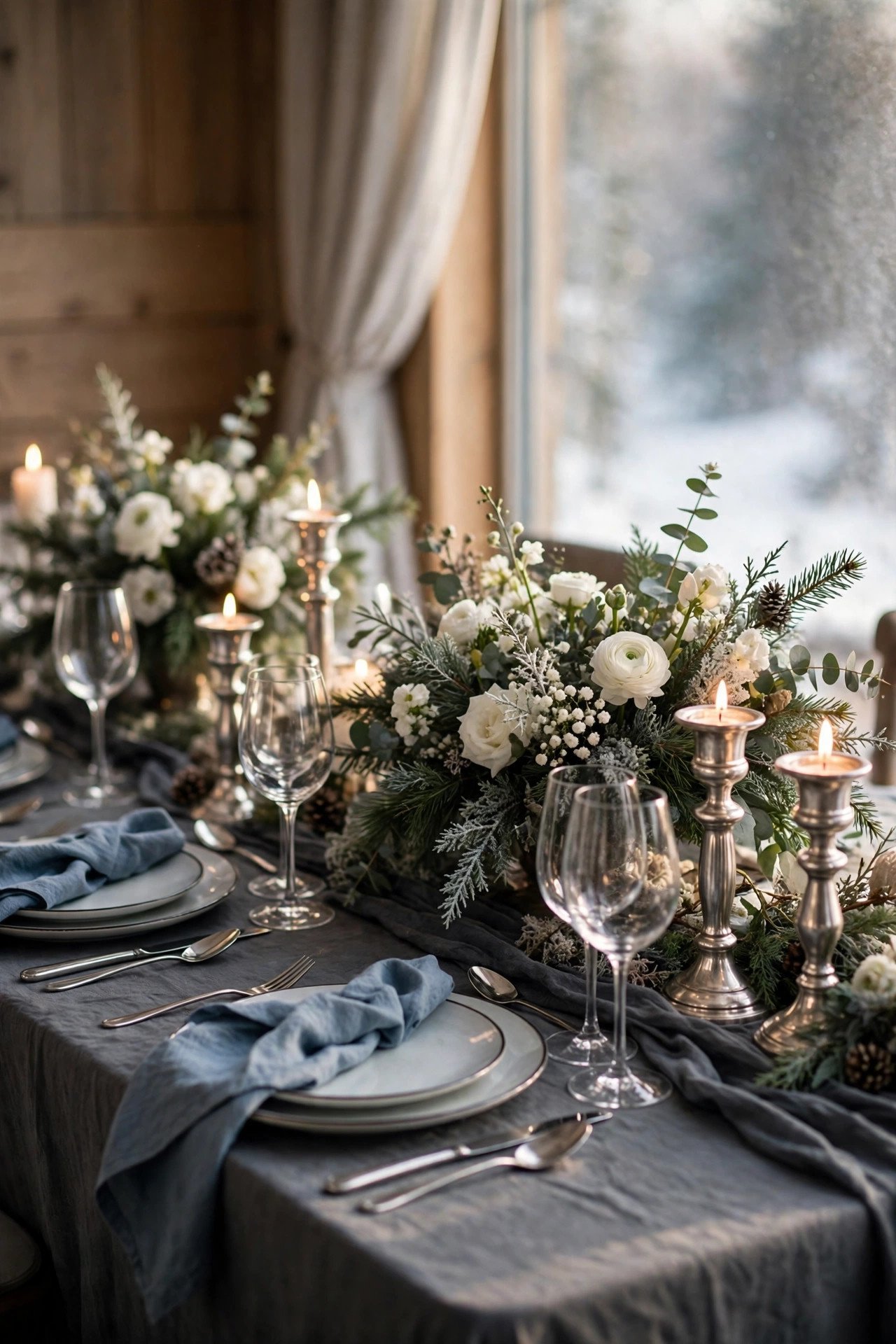 Charcoal and Dusty Blue at a winter palettes wedding celebration with seasonal styling