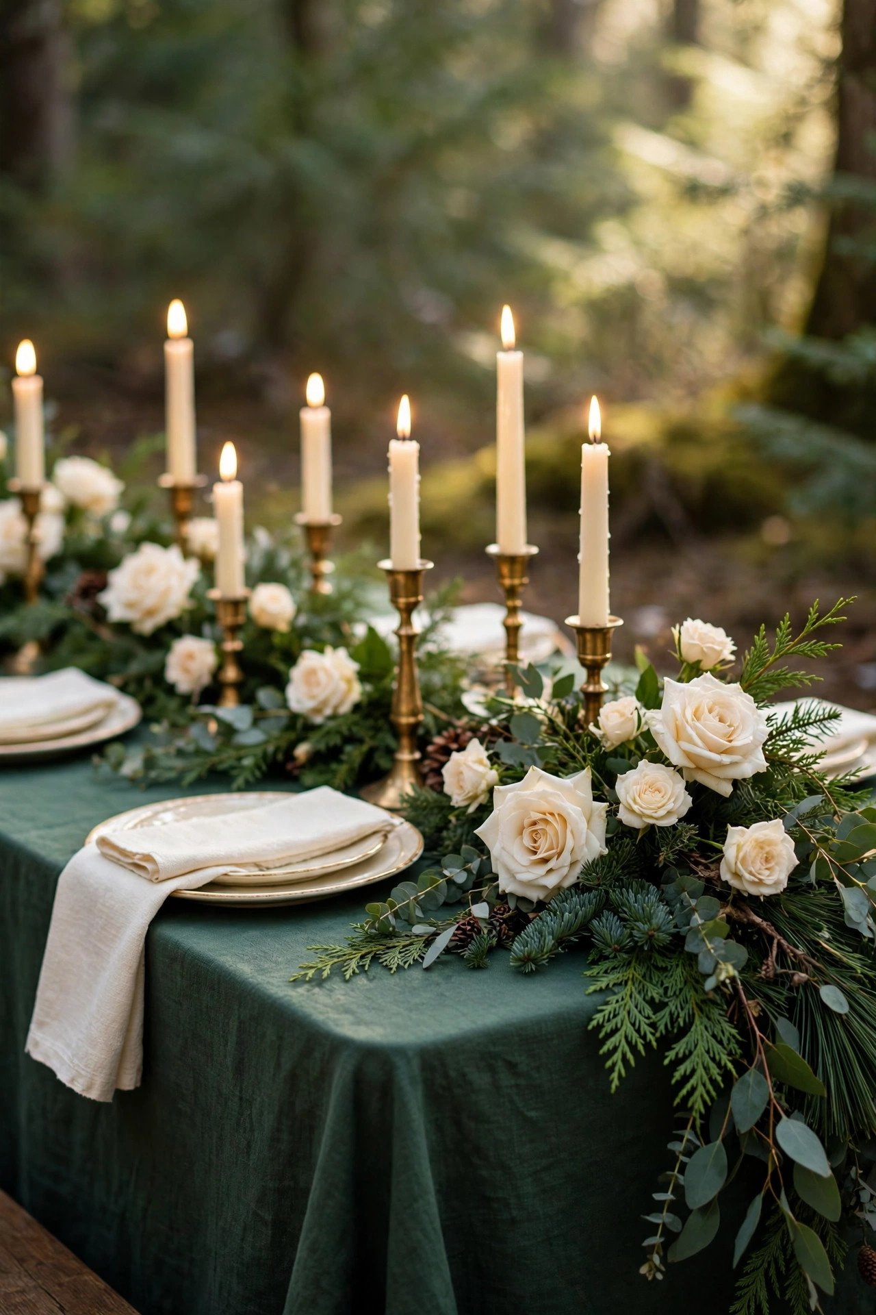 Forest Green and Cream at a winter palettes wedding celebration with seasonal styling