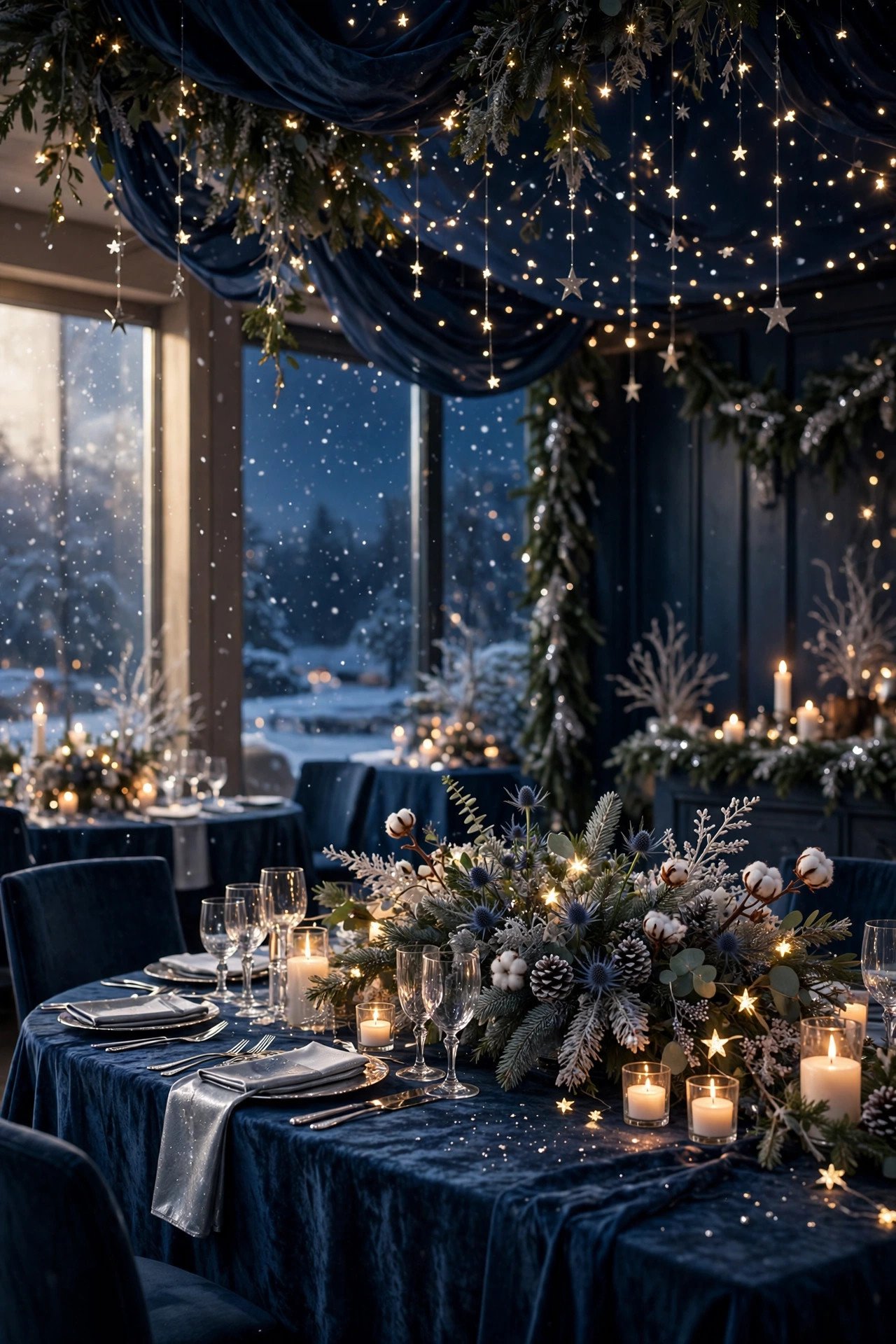 Midnight Blue and Starlight Silver at a winter palettes wedding celebration with seasonal styling
