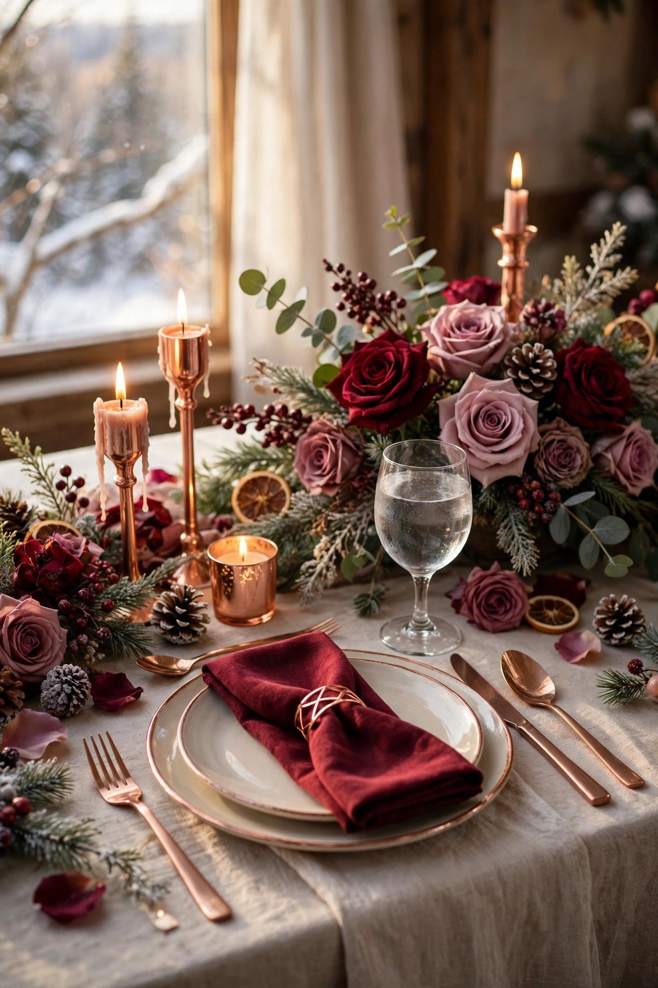 Burgundy, Mauve and Rose Gold at a winter palettes wedding celebration with seasonal styling