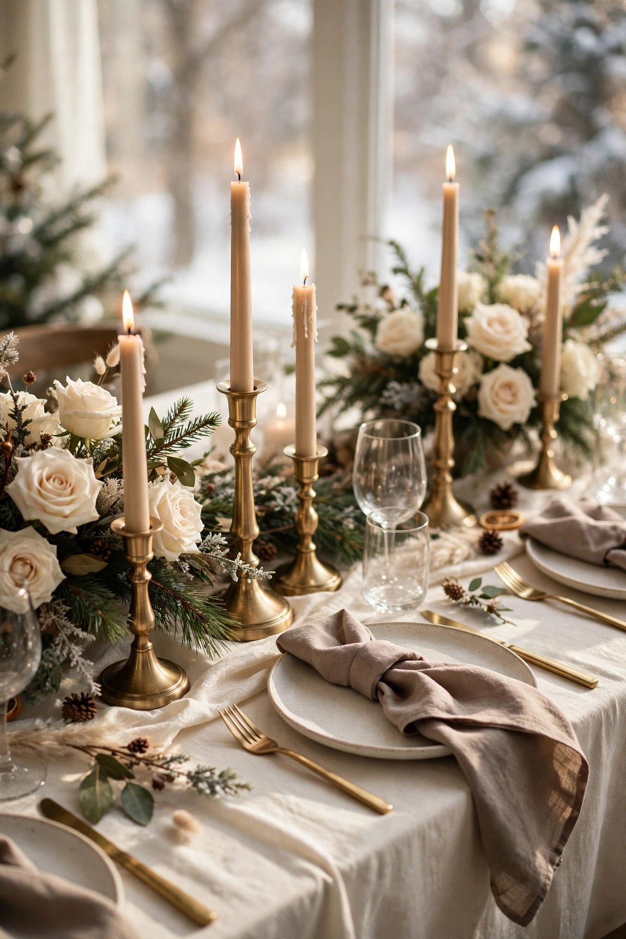 Ivory, Taupe and Brushed Brass at a winter palettes wedding celebration with seasonal styling
