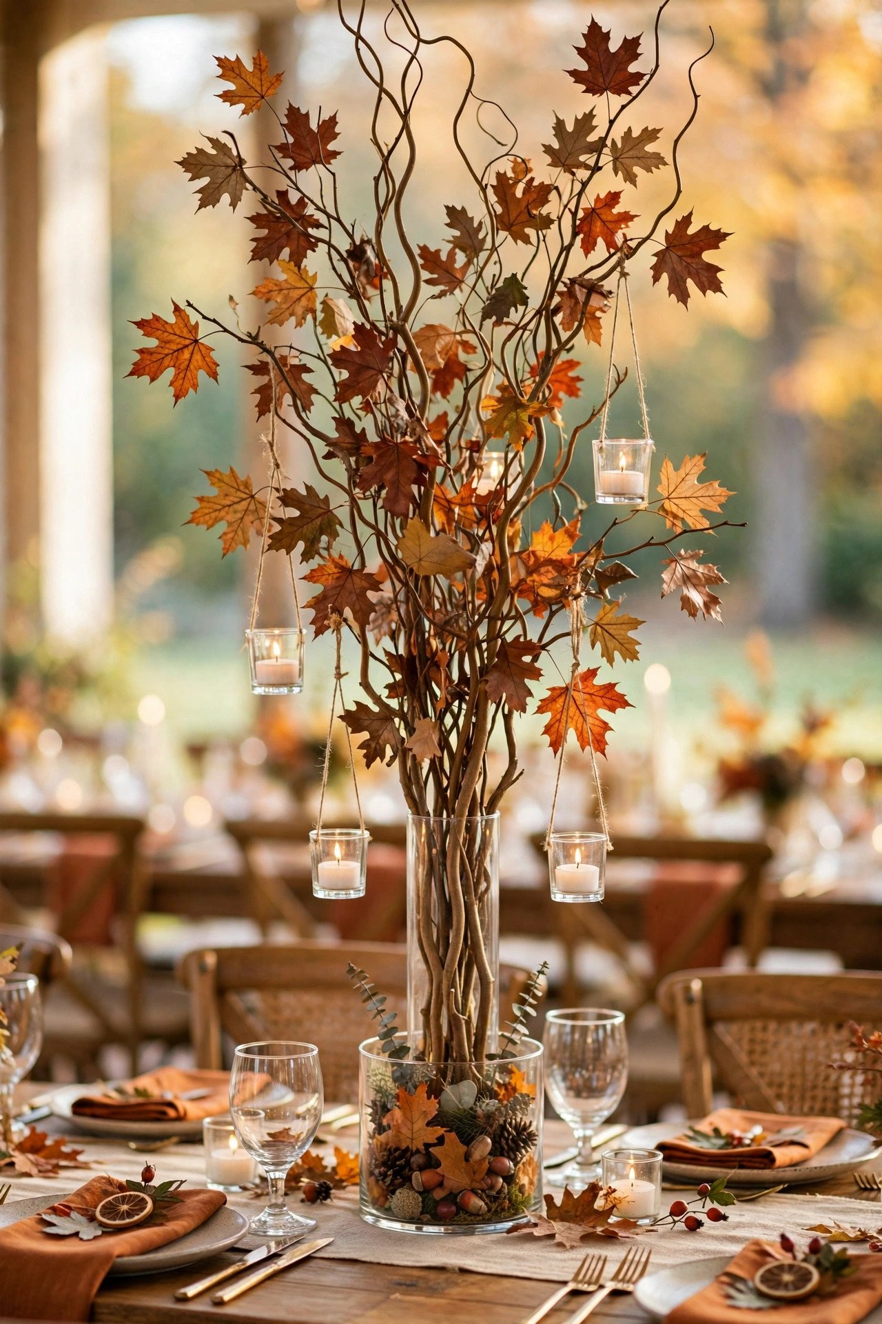 Tall Turning Branch Centerpieces at a fall centerpieces wedding celebration with seasonal styling