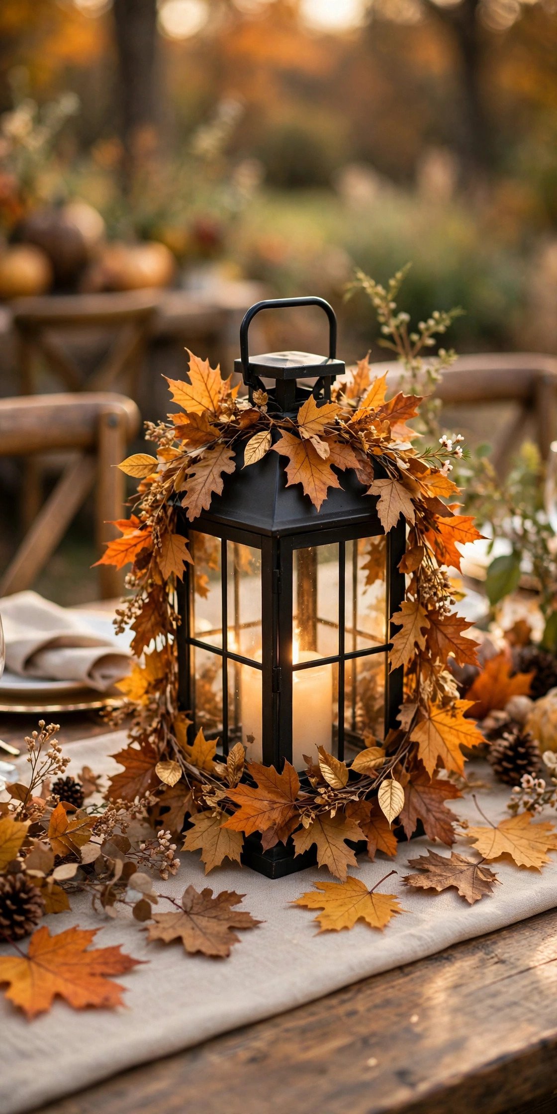 Lantern with Autumn Leaf Garland at a fall centerpieces wedding celebration with seasonal styling