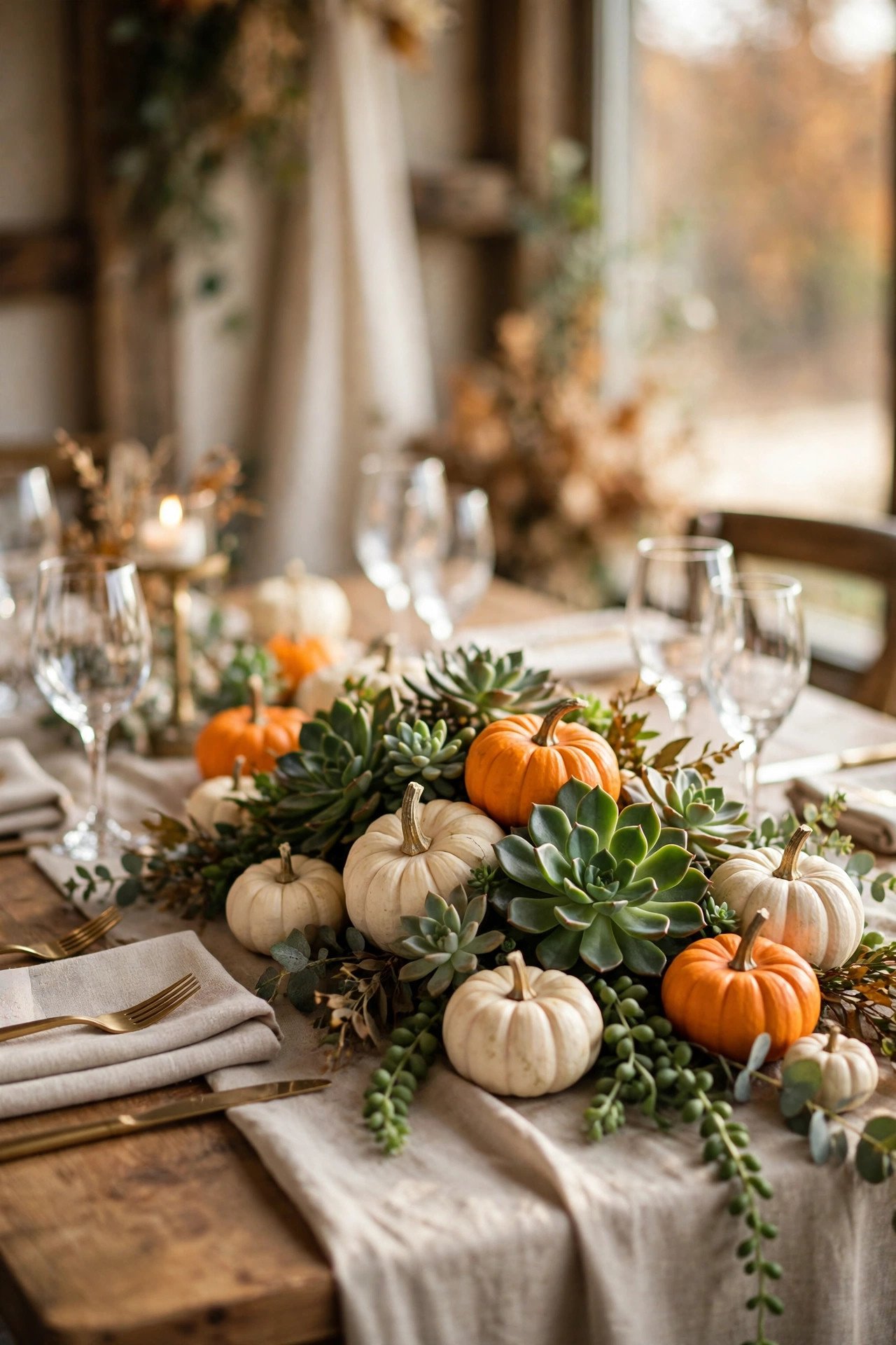 Mini Pumpkin and Succulent Mix at a fall centerpieces wedding celebration with seasonal styling